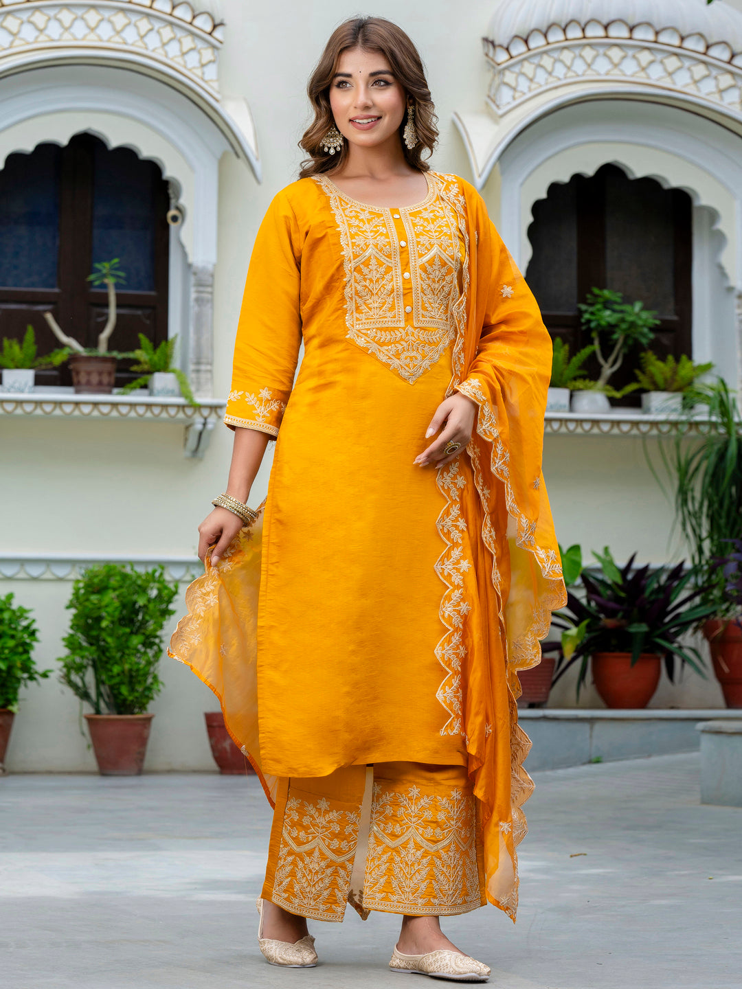 VredeVogel Women's Embroidered Silk Blend Calf Length Straight Kurta with Palazzo & Dupatta Set