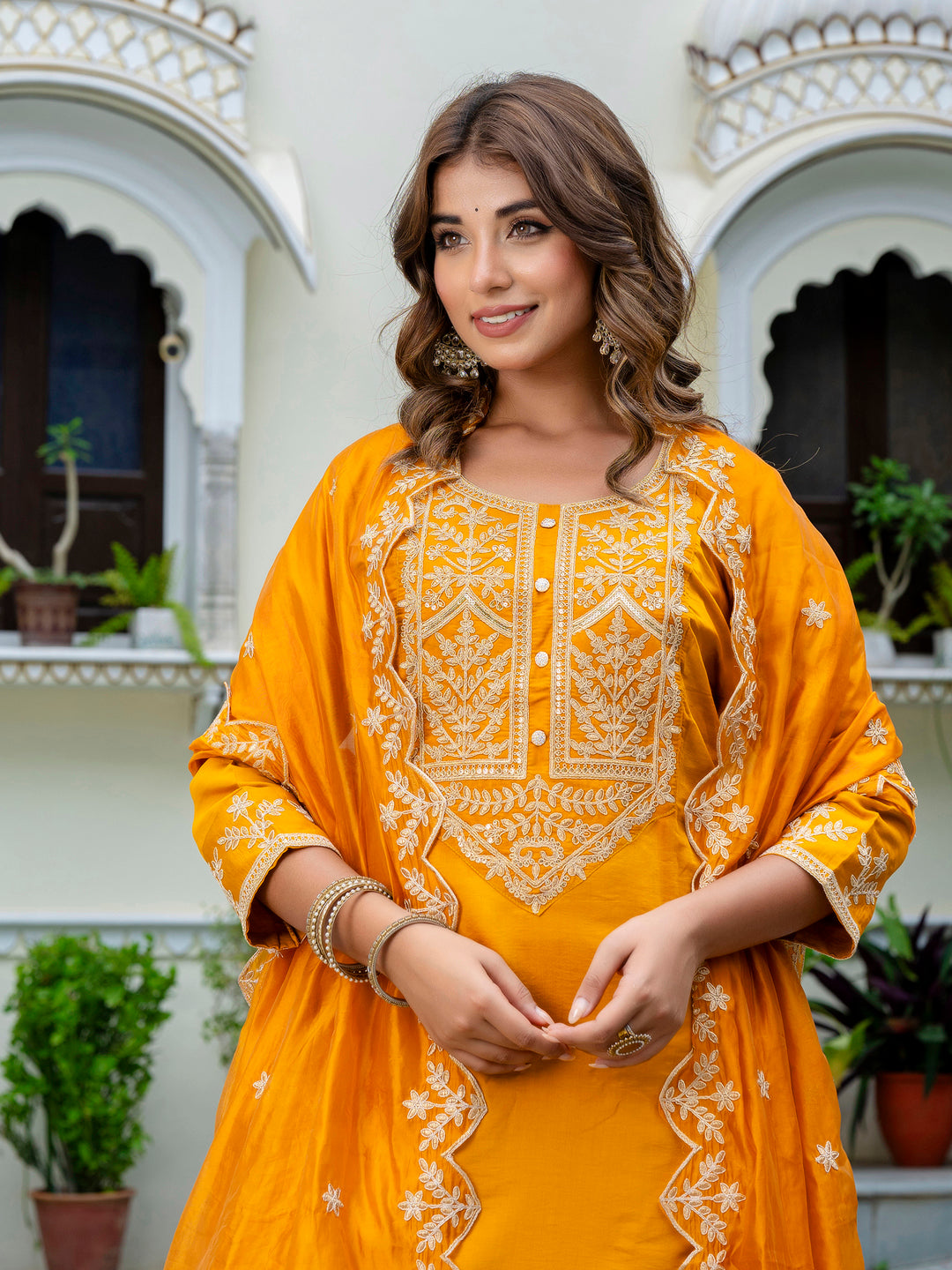 VredeVogel Women's Embroidered Silk Blend Calf Length Straight Kurta with Palazzo & Dupatta Set