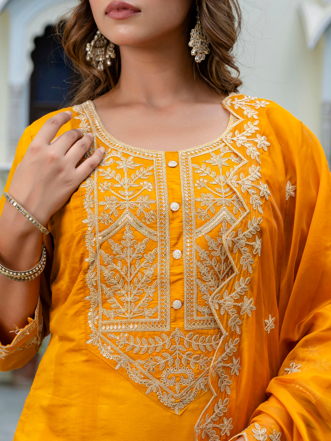 VredeVogel Women's Embroidered Silk Blend Calf Length Straight Kurta with Palazzo & Dupatta Set