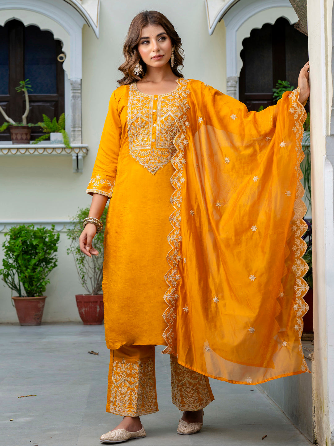 VredeVogel Women's Embroidered Silk Blend Calf Length Straight Kurta with Palazzo & Dupatta Set