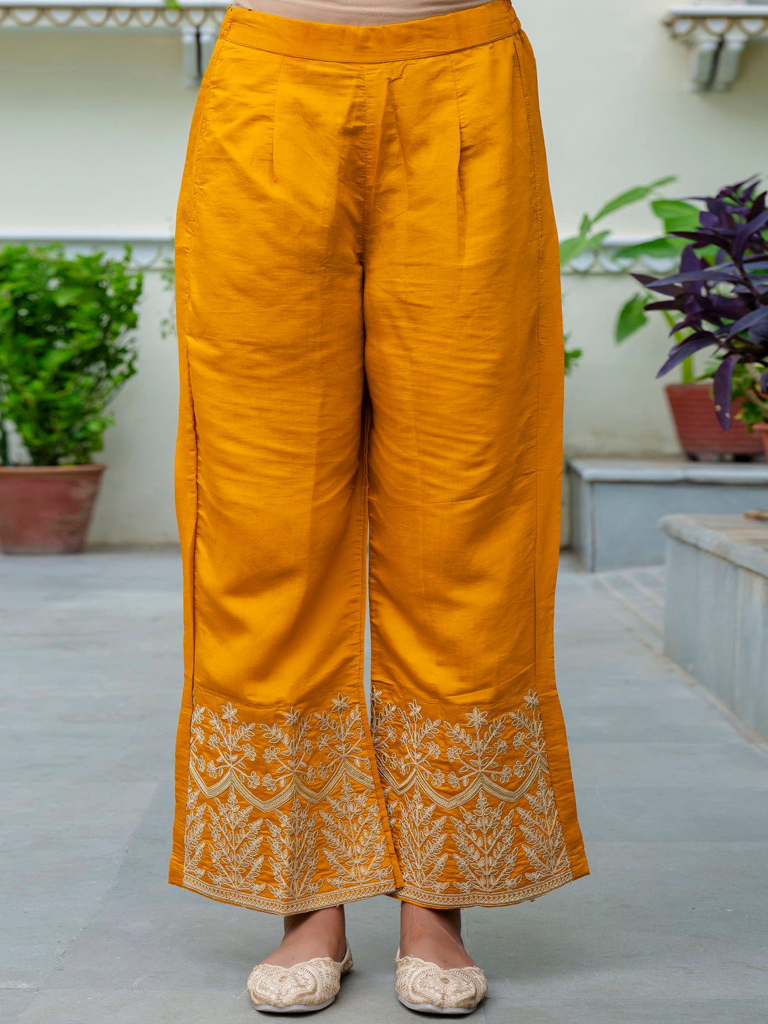 VredeVogel Women's Embroidered Silk Blend Calf Length Straight Kurta with Palazzo & Dupatta Set