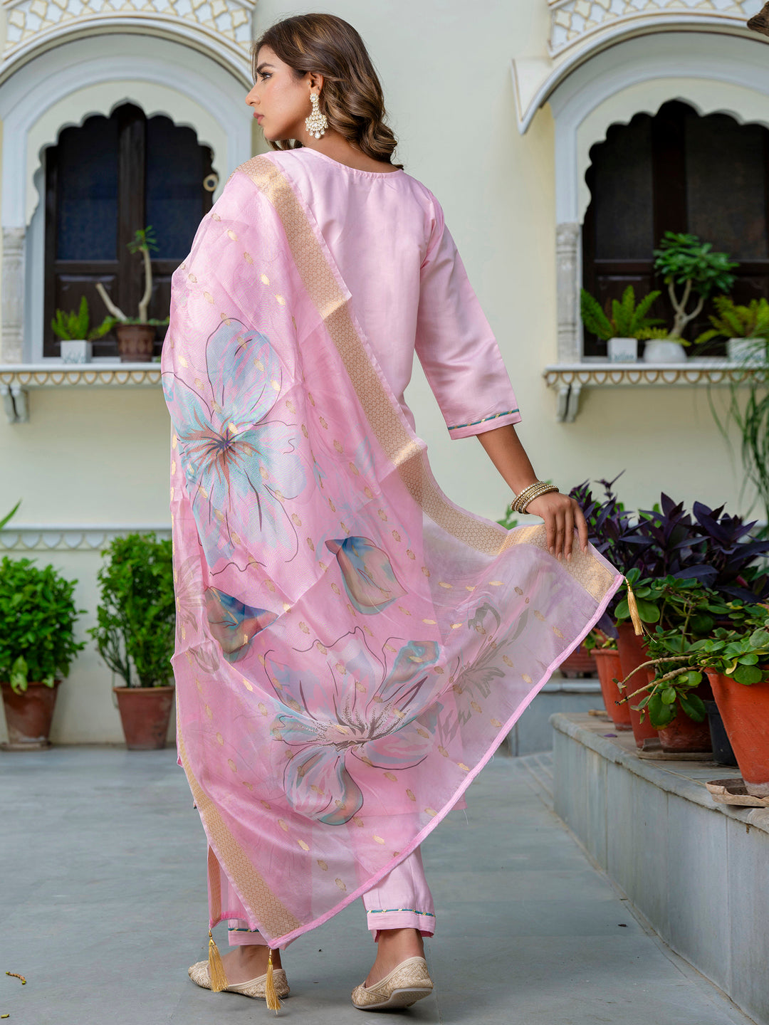 VredeVogel Women's Embroidered Silk Blend Calf Length Straight Kurta Trouser with Dupatta Set