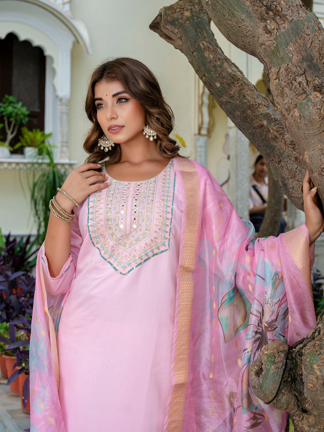 VredeVogel Women's Embroidered Silk Blend Calf Length Straight Kurta Trouser with Dupatta Set