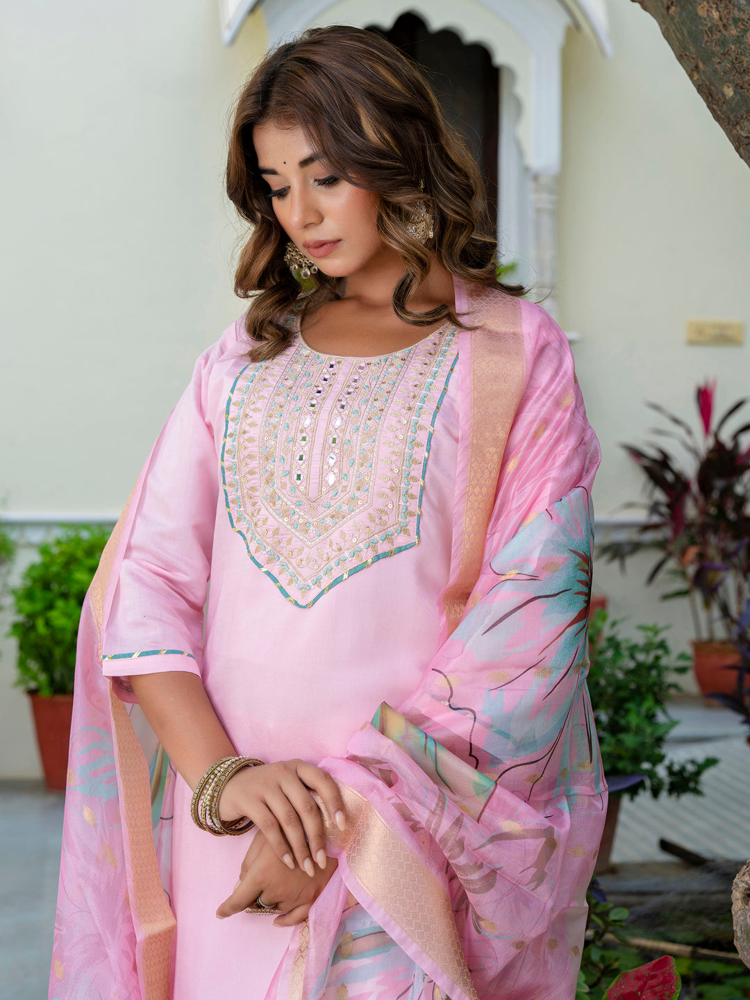 VredeVogel Women's Embroidered Silk Blend Calf Length Straight Kurta Trouser with Dupatta Set