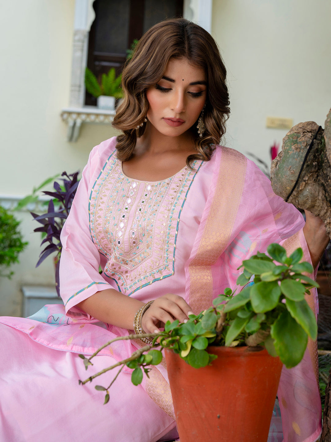 VredeVogel Women's Embroidered Silk Blend Calf Length Straight Kurta Trouser with Dupatta Set