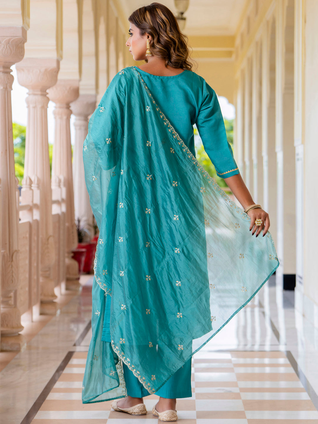 VredeVogel Women's Embroidered Silk Blend Calf Length Straight Kurta with Palazzo & Dupatta Set
