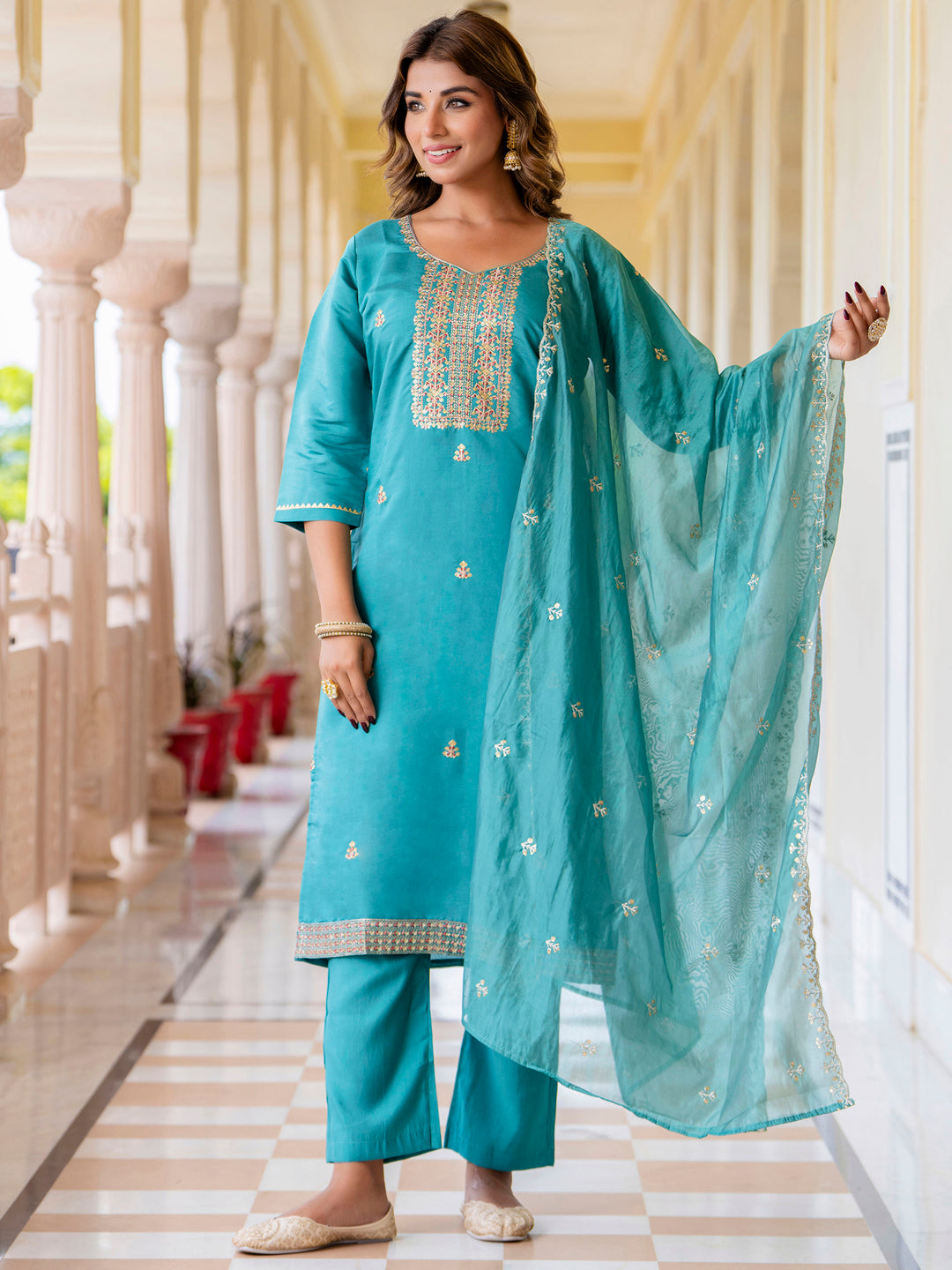 VredeVogel Women's Embroidered Silk Blend Calf Length Straight Kurta with Palazzo & Dupatta Set