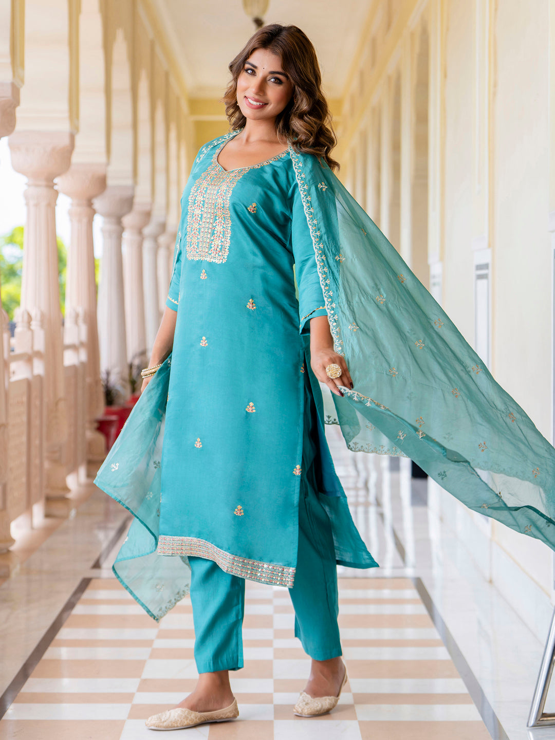 VredeVogel Women's Embroidered Silk Blend Calf Length Straight Kurta with Palazzo & Dupatta Set