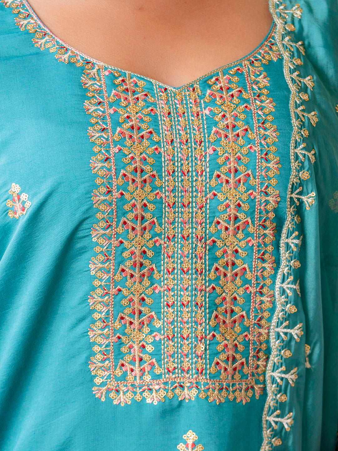 VredeVogel Women's Embroidered Silk Blend Calf Length Straight Kurta with Palazzo & Dupatta Set