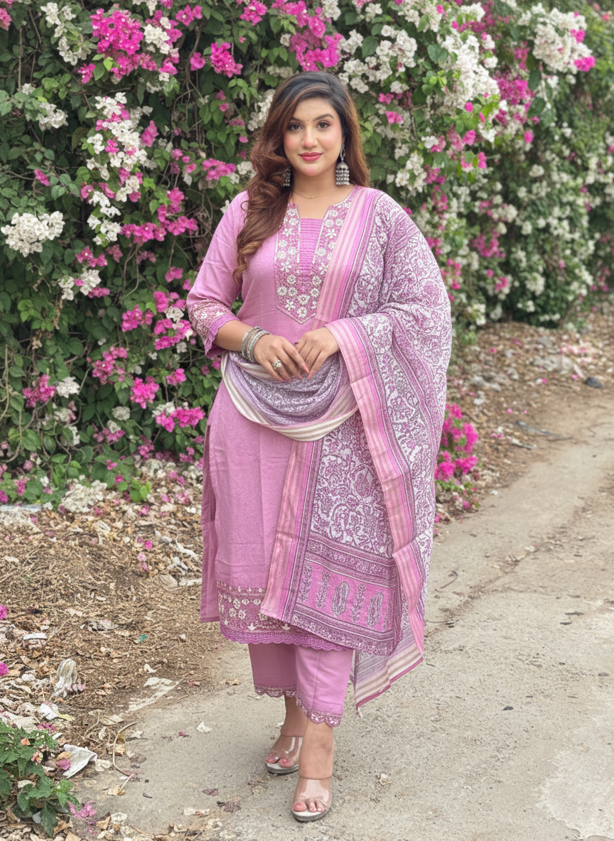 Lavanya Women's Embroidered Silk Blend Calf Length Straight Kurta Trouser with Dupatta Set