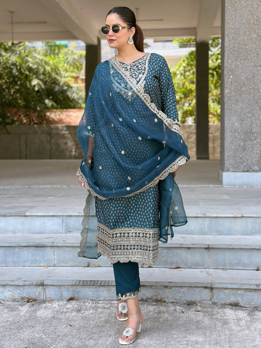 Anupriya Teal Blue Silk Blend Straight Suit Set With Dupatta