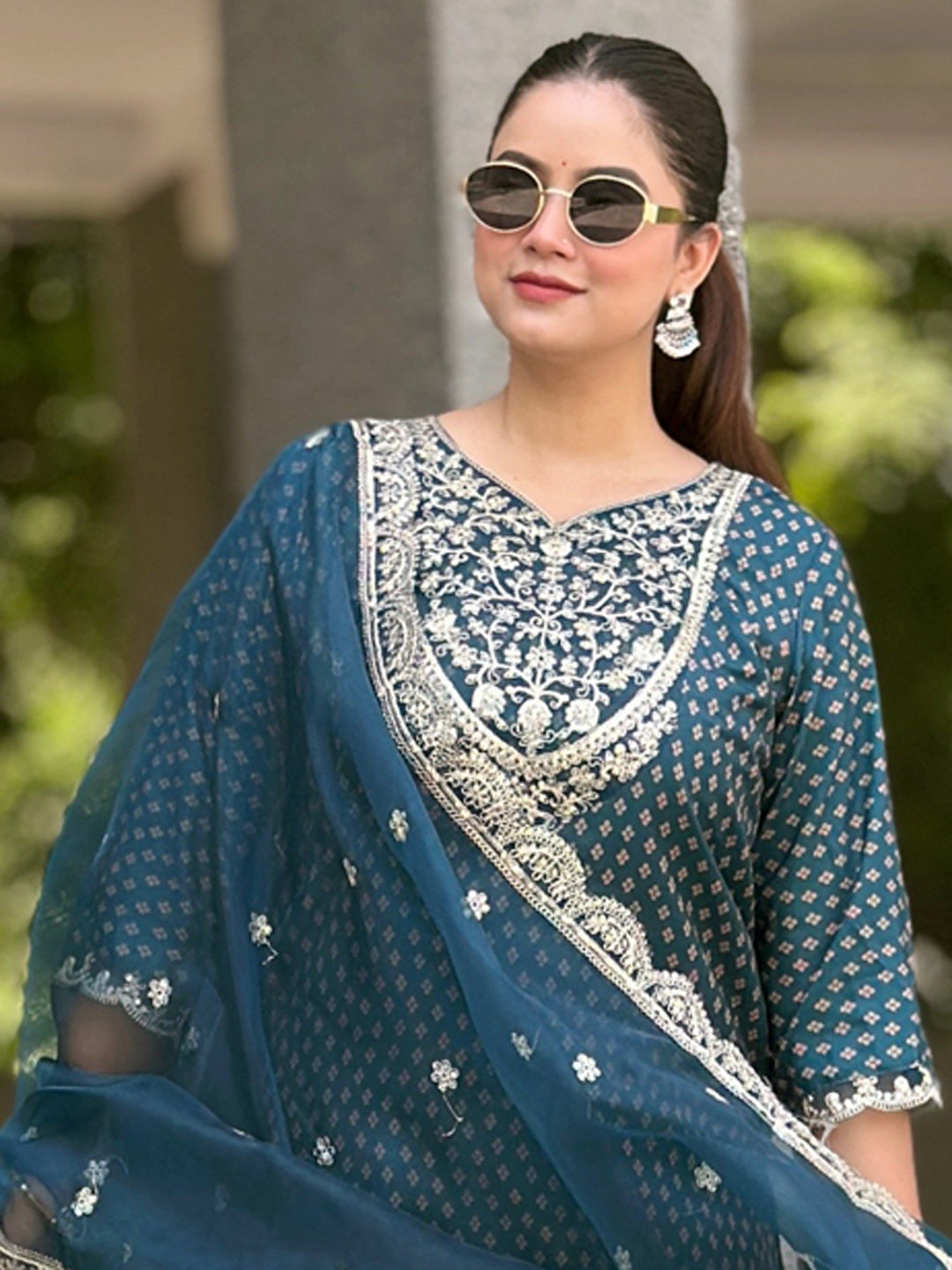 Anupriya Teal Blue Silk Blend Straight Suit Set With Dupatta
