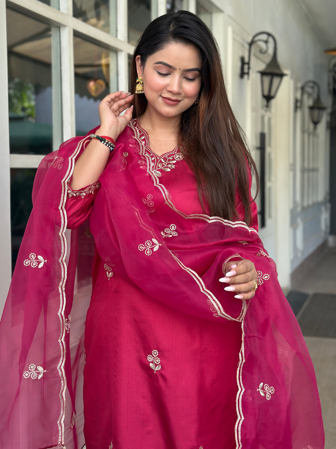 Iraaya Red Women Kurta and Pant Dupatta Sets Silk Blend Fabrics with Embroidery
