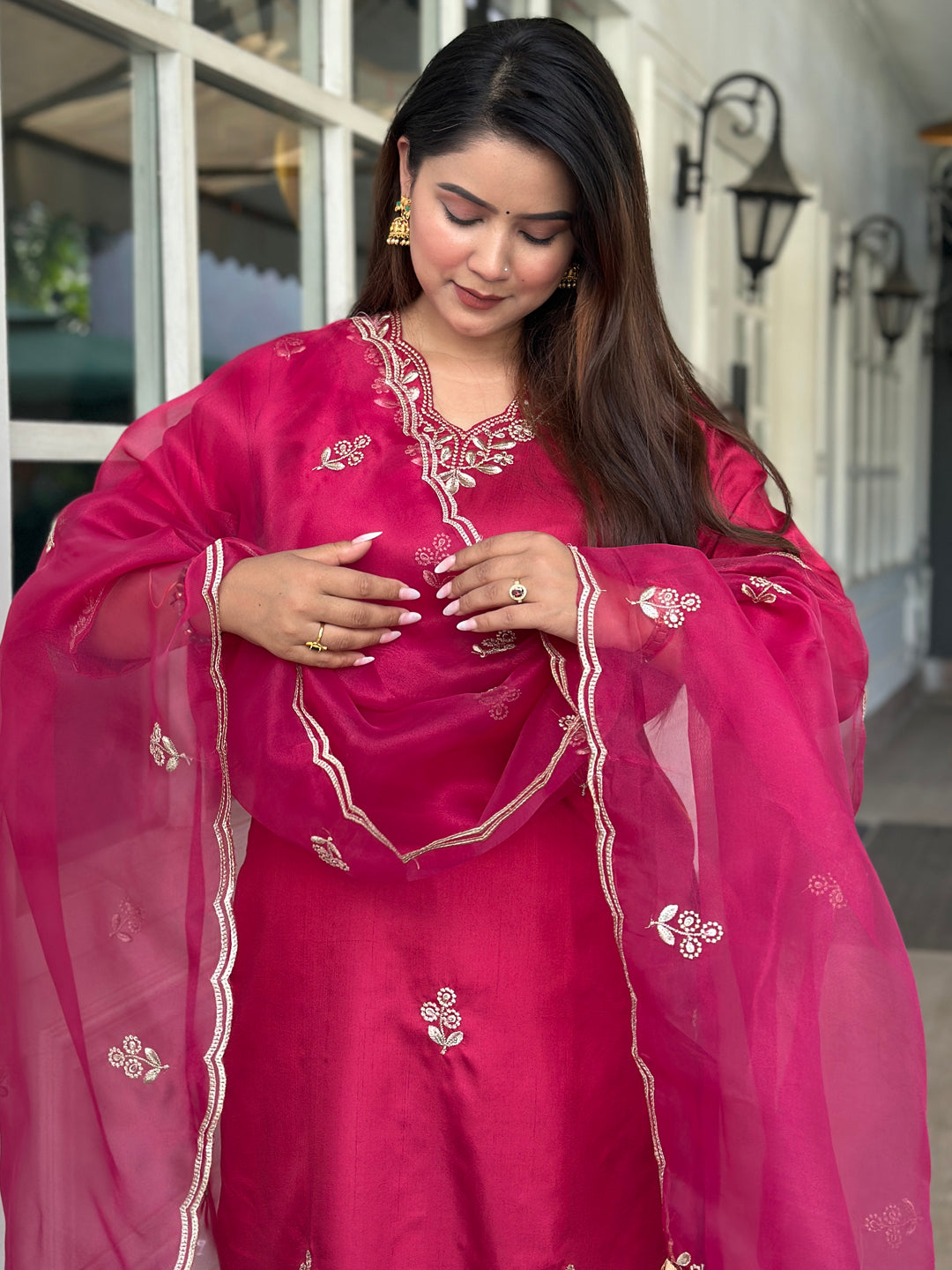 Iraaya Red Women Kurta and Pant Dupatta Sets Silk Blend Fabrics with Embroidery