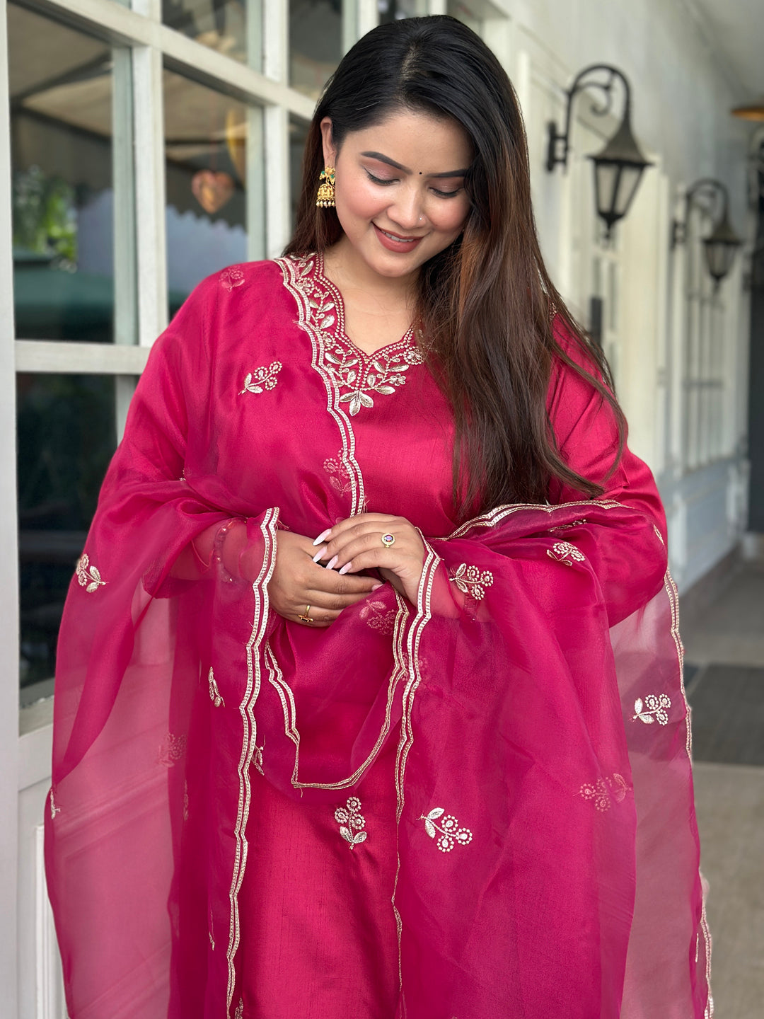 Iraaya Red Women Kurta and Pant Dupatta Sets Silk Blend Fabrics with Embroidery