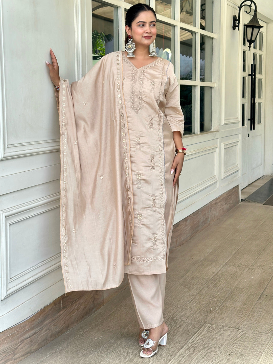 Smira Beige Kurta and Pant Dupatta Sets Silk Blend Fabrics with Embroidery