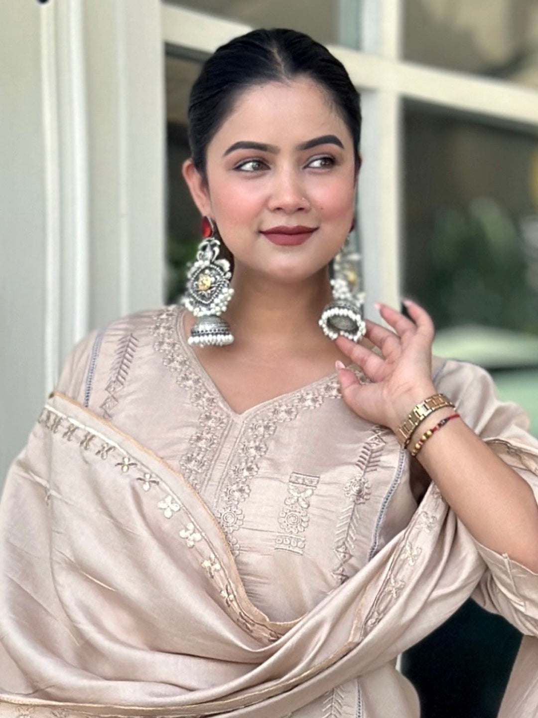 Smira Beige Kurta and Pant Dupatta Sets Silk Blend Fabrics with Embroidery