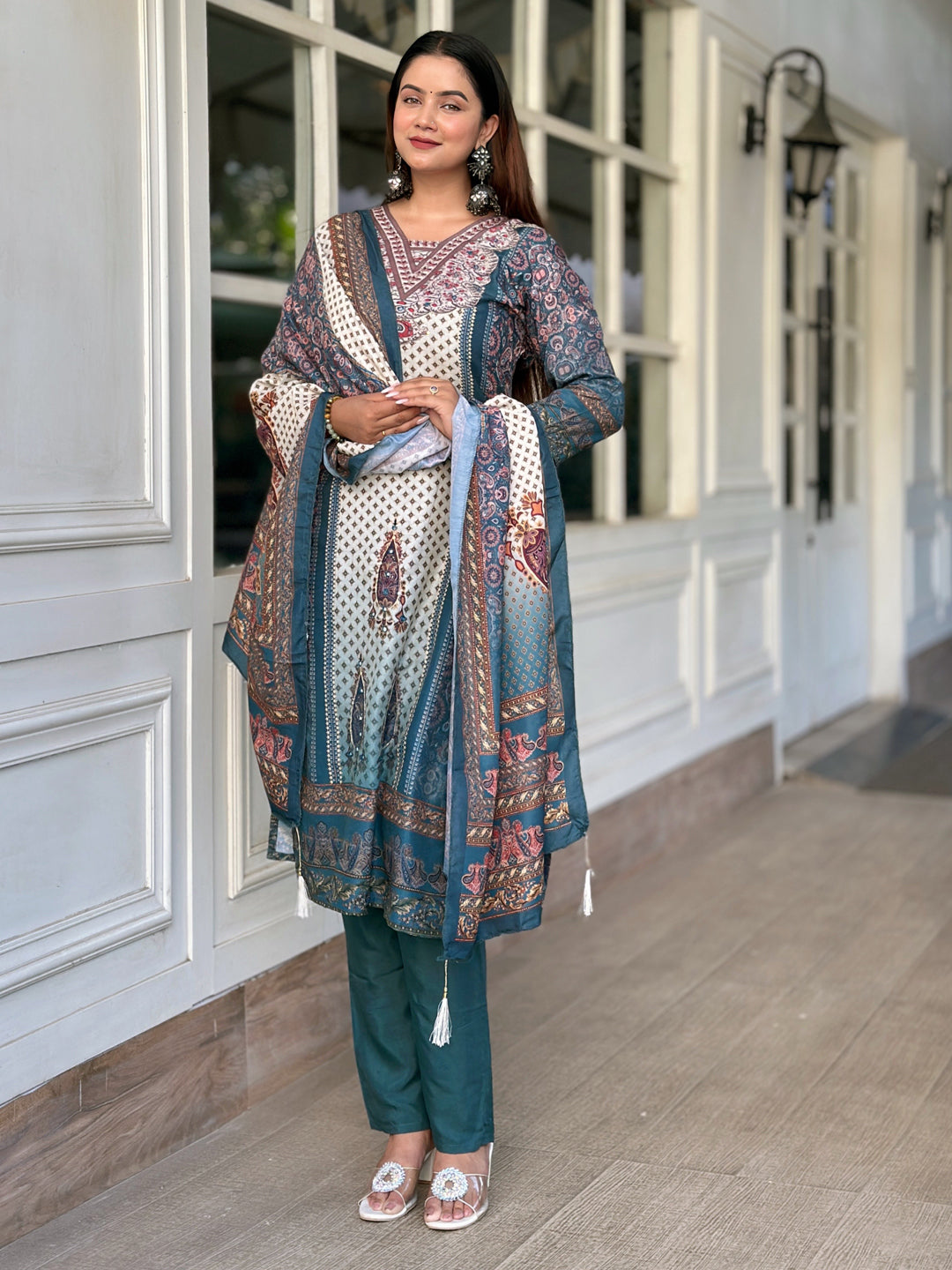 Pravya Teal Embroidery Silk Straight Kurta With Trousers & Dupatta Sets