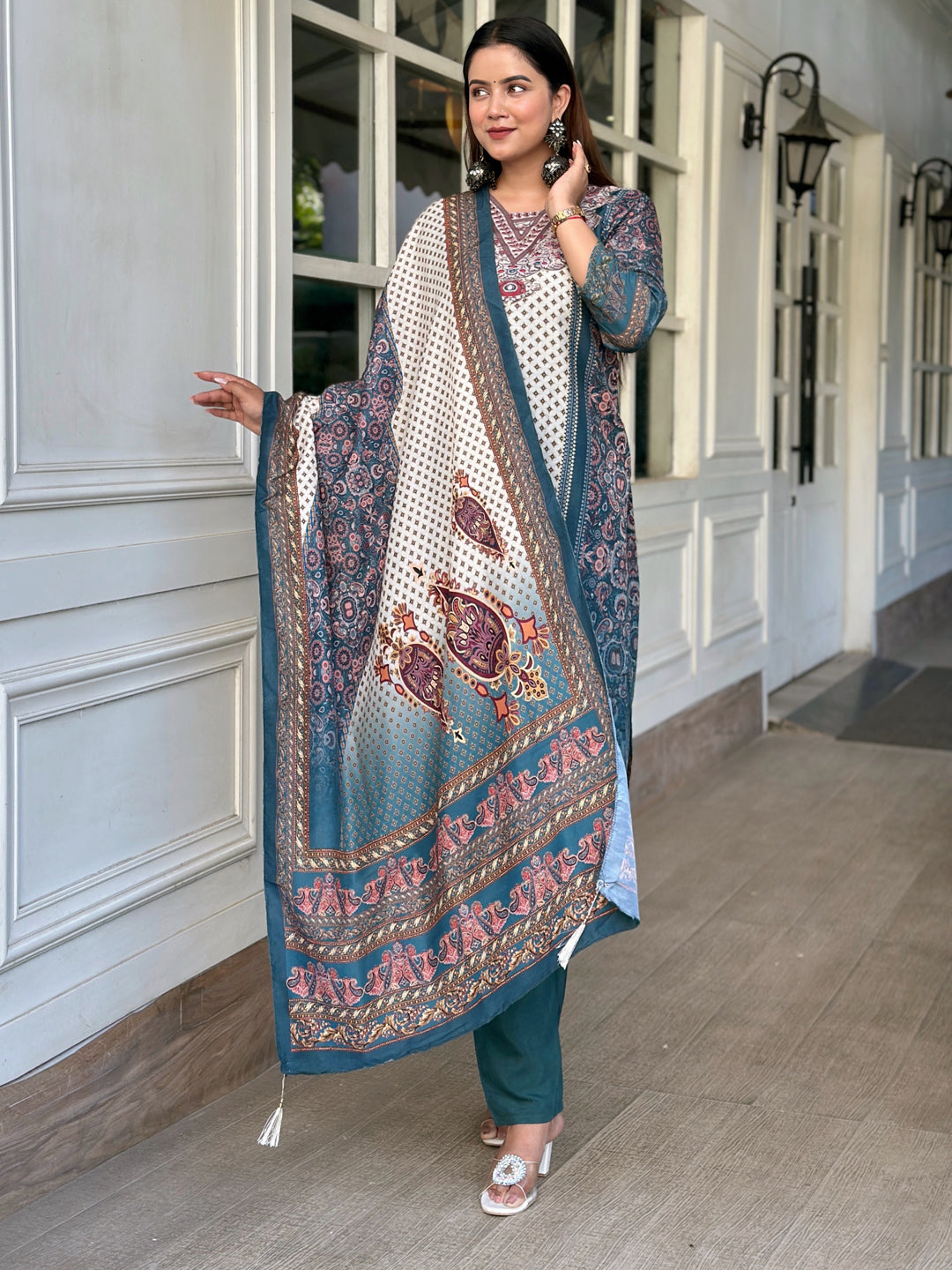 Pravya Teal Embroidery Silk Straight Kurta With Trousers & Dupatta Sets