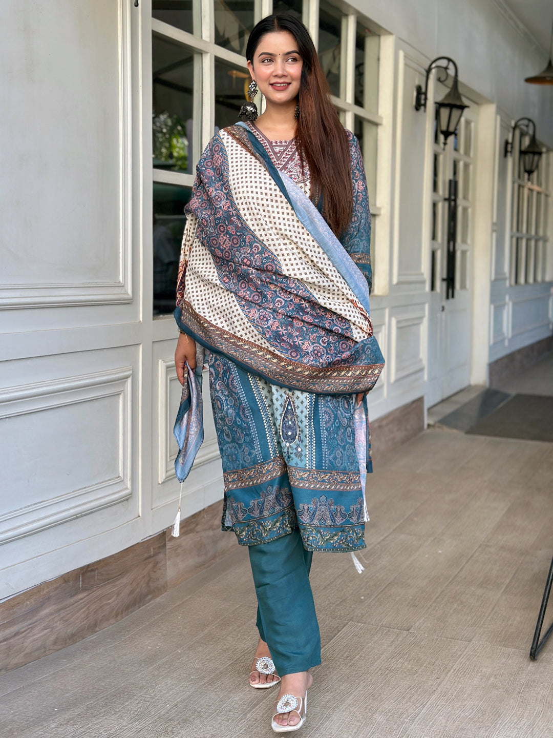 Pravya Teal Embroidery Silk Straight Kurta With Trousers & Dupatta Sets