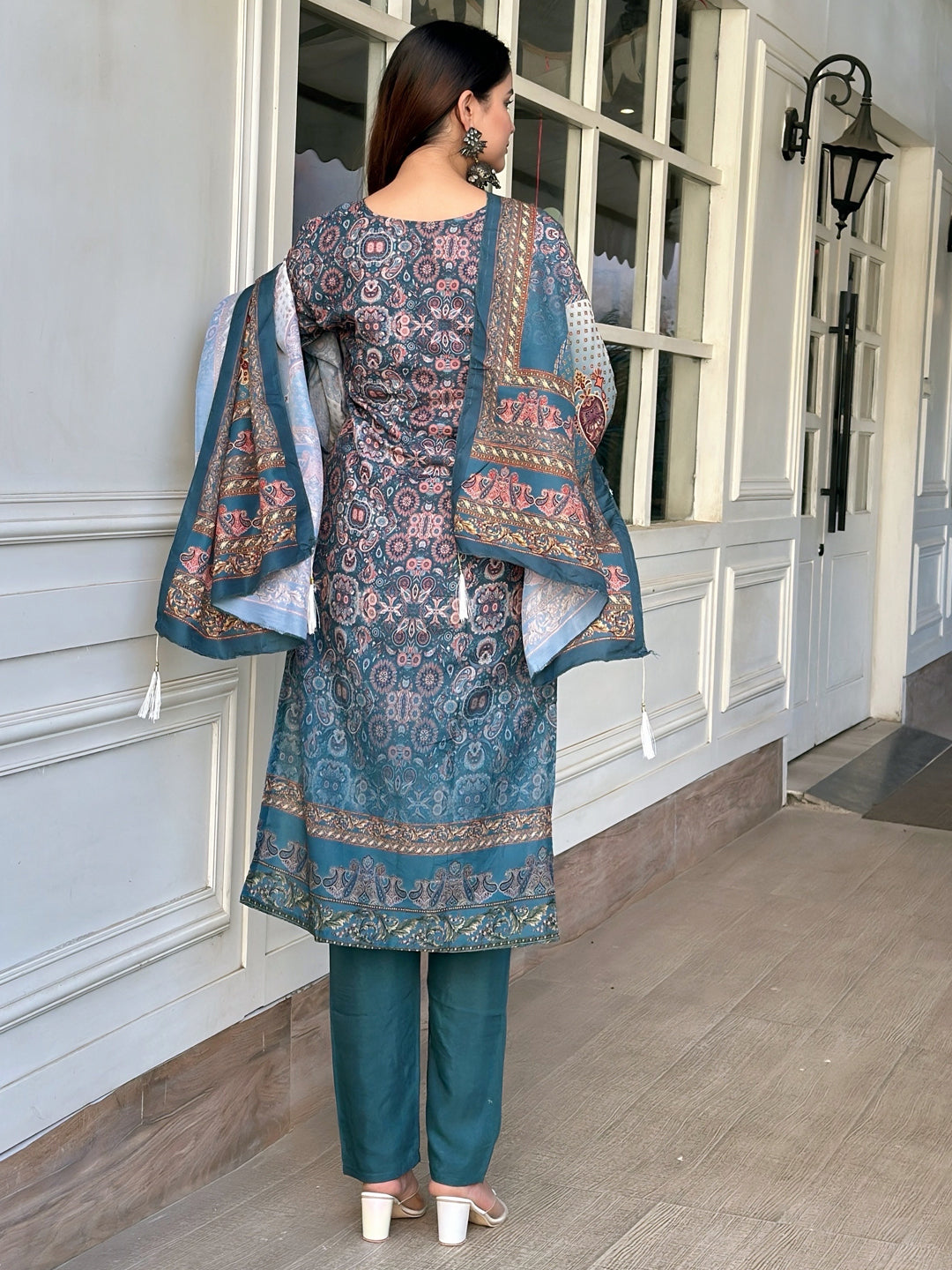 Pravya Teal Embroidery Silk Straight Kurta With Trousers & Dupatta Sets