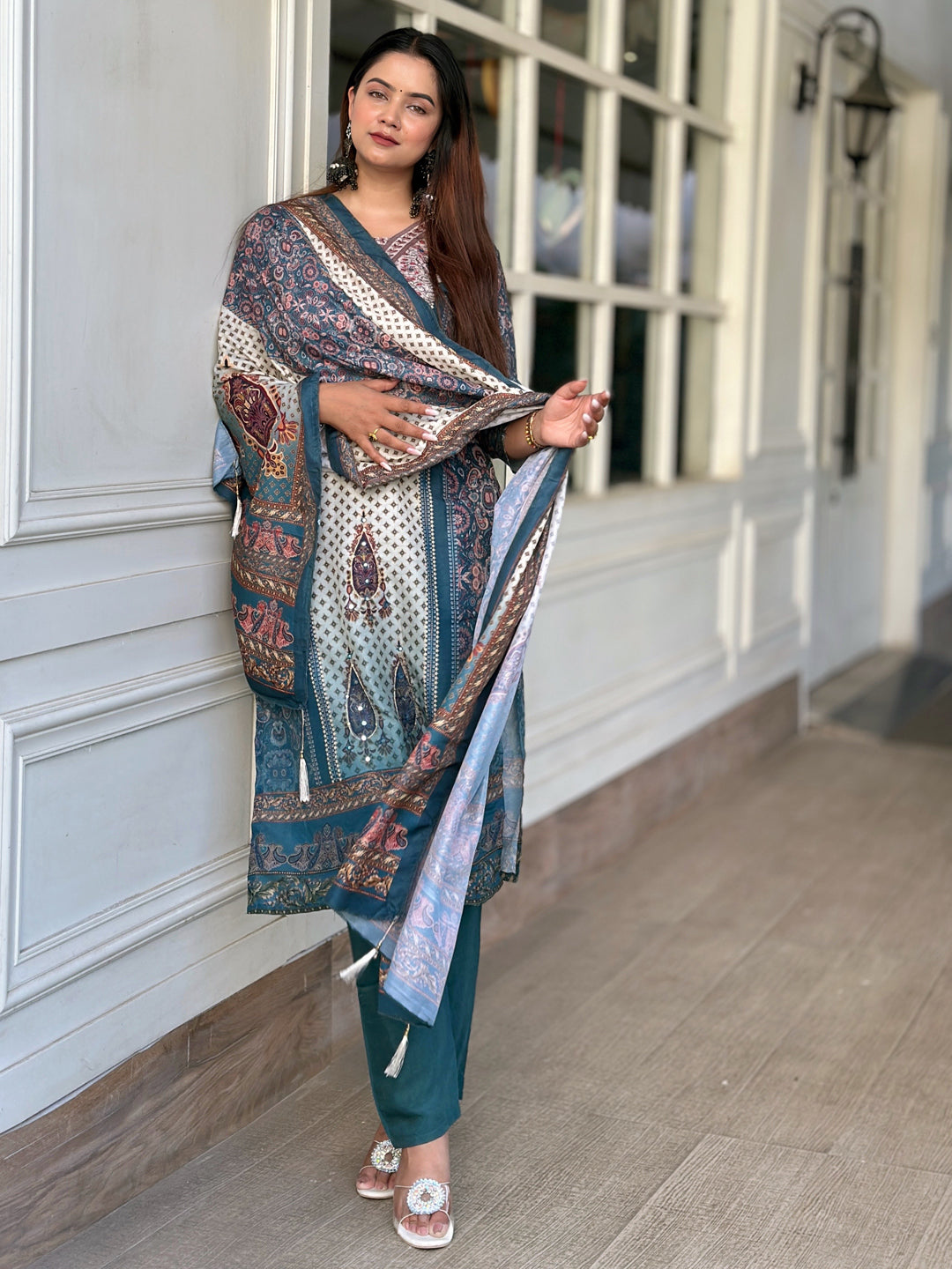 Pravya Teal Embroidery Silk Straight Kurta With Trousers & Dupatta Sets