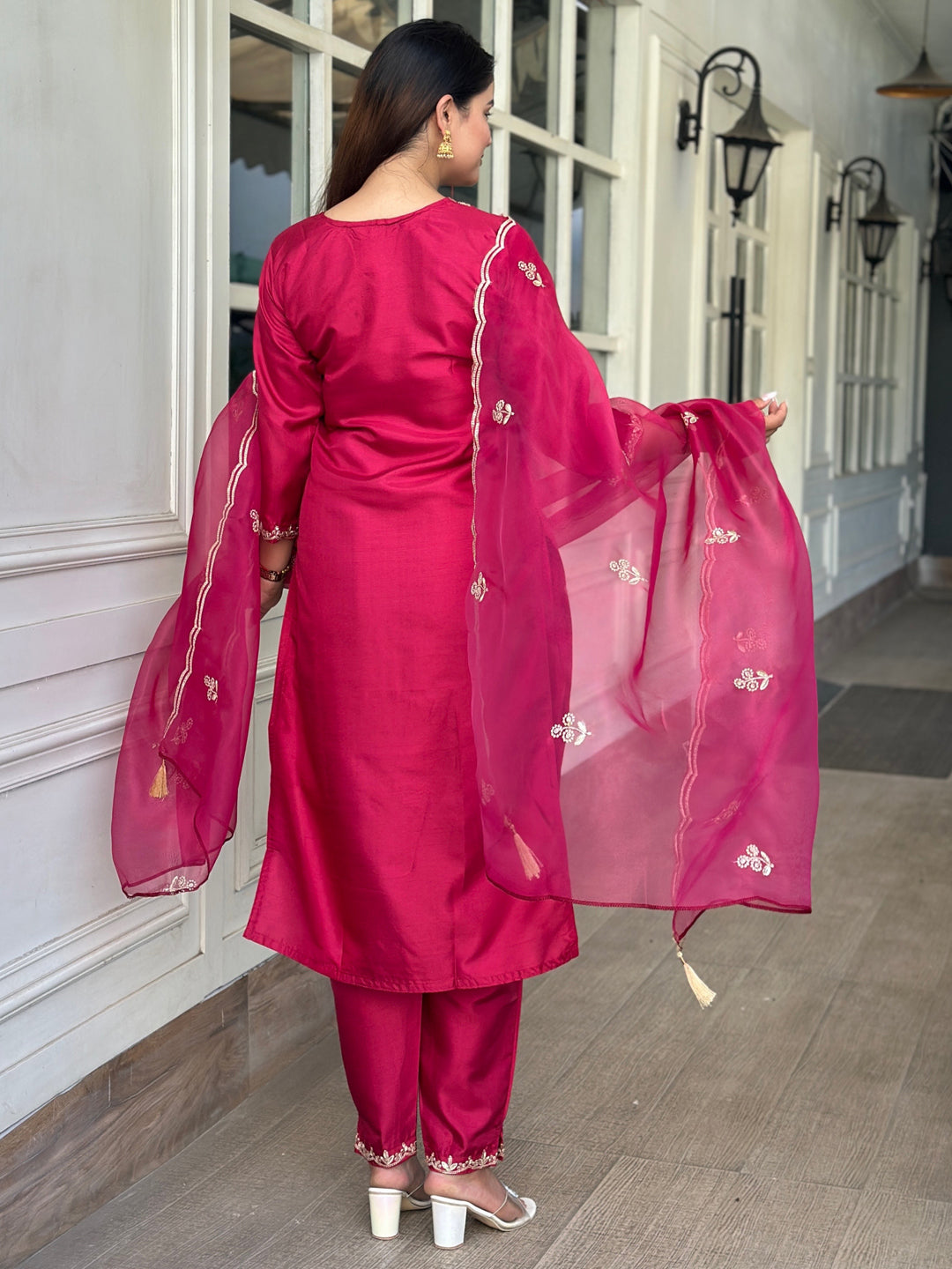 Iraaya Red Women Kurta and Pant Dupatta Sets Silk Blend Fabrics with Embroidery