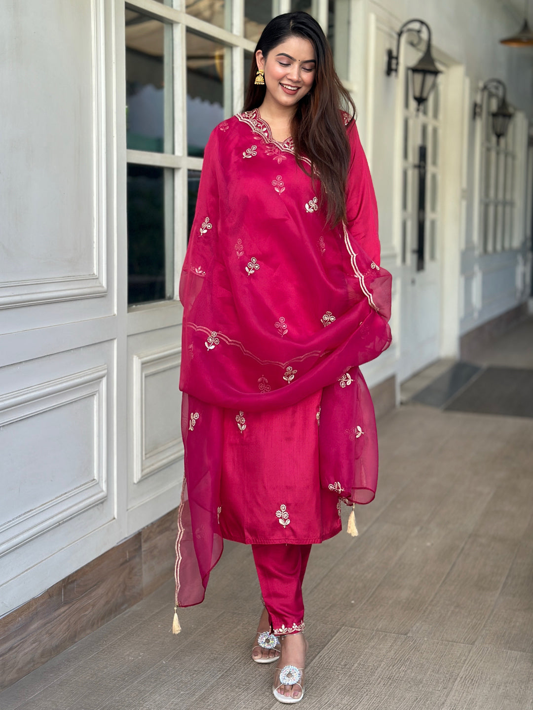 Iraaya Red Women Kurta and Pant Dupatta Sets Silk Blend Fabrics with Embroidery