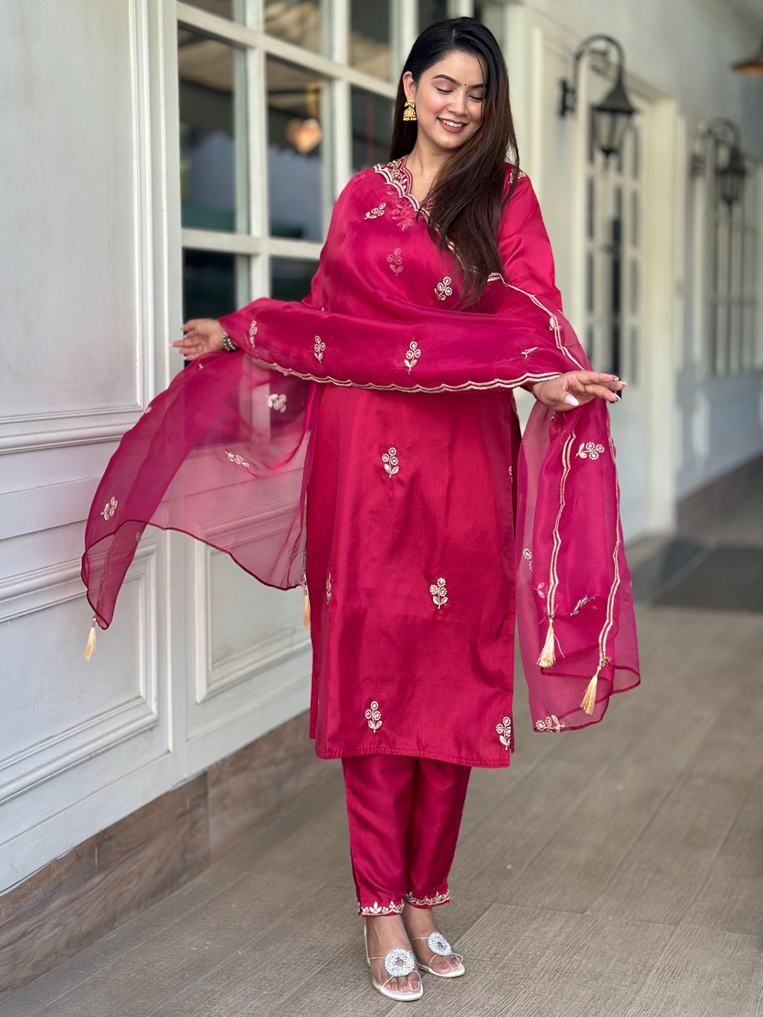 Iraaya Red Women Kurta and Pant Dupatta Sets Silk Blend Fabrics with Embroidery