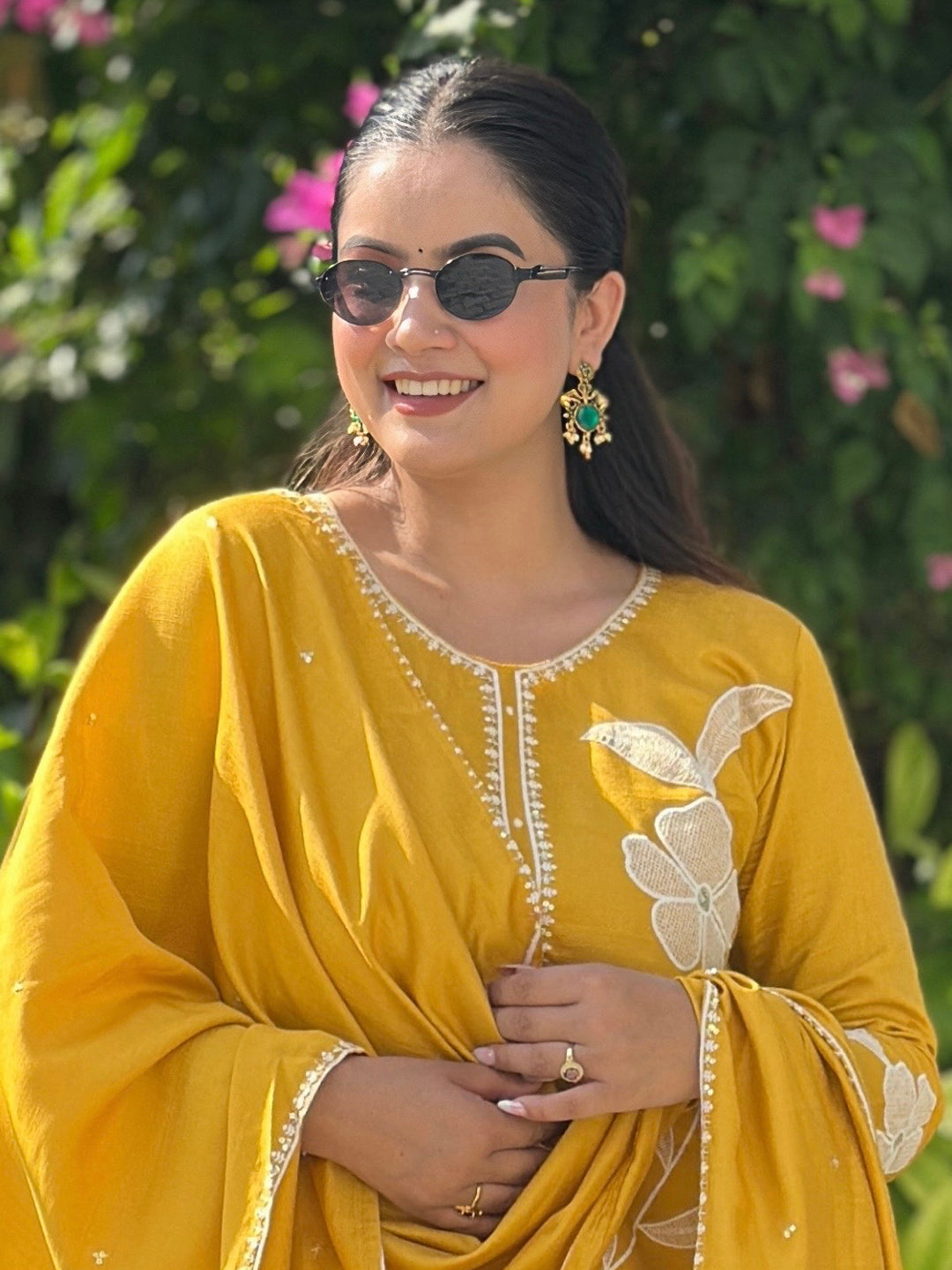 Samyuktha Yellow Embroidery Silk Straight Kurta With Trousers & Dupatta Sets