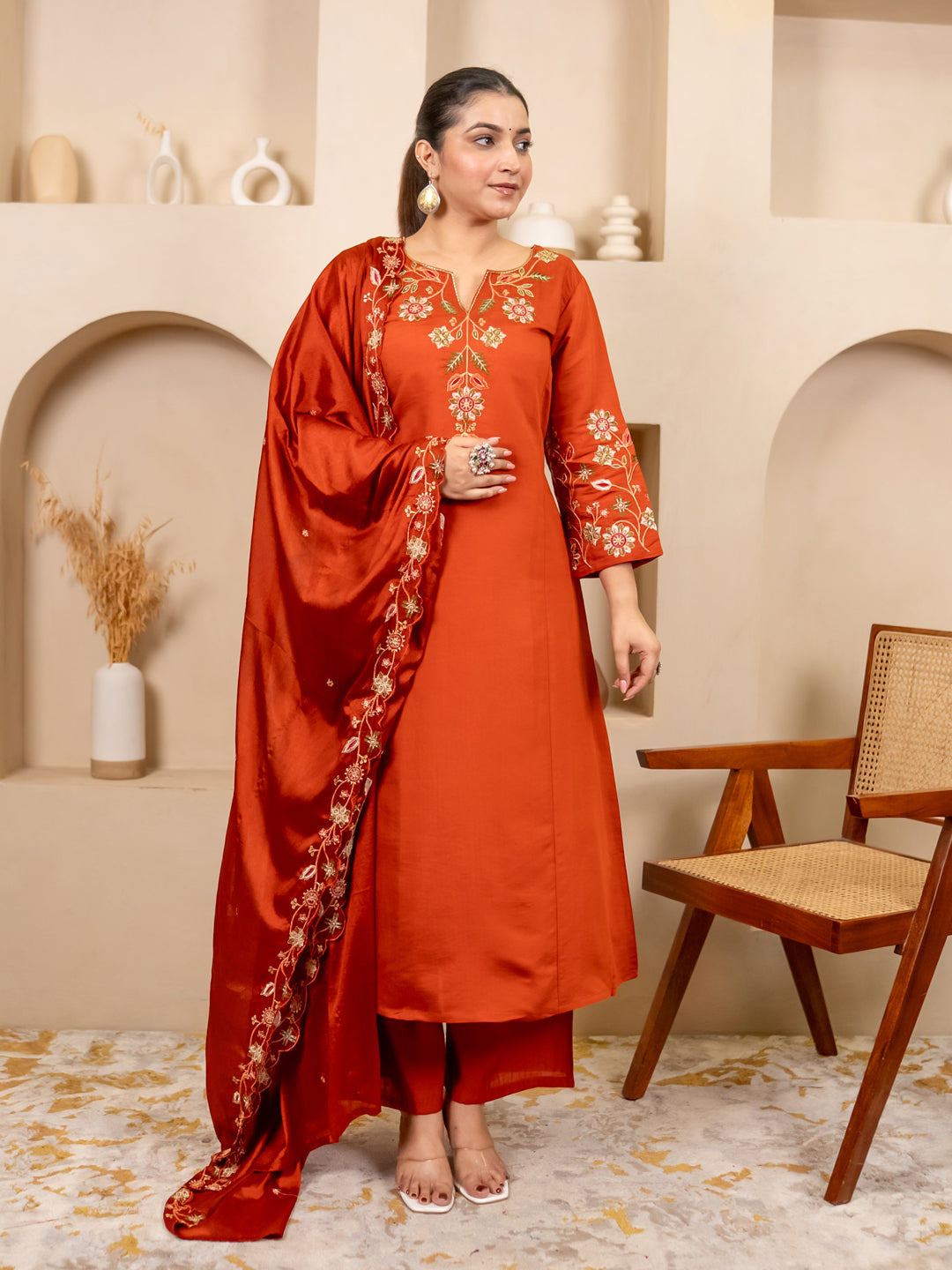 Rust Women Anarkali Kurta with Pant & Chinon Dupatta Suits, Festive Ethnic Set
