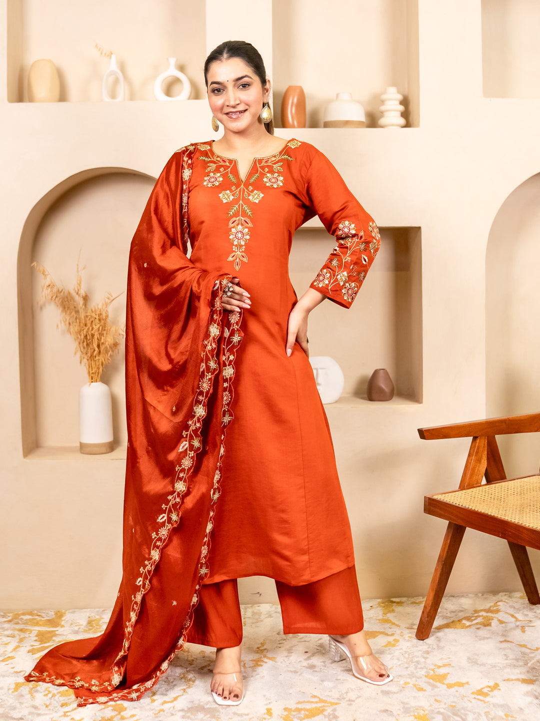 Rust Women Anarkali Kurta with Pant & Chinon Dupatta Suits, Festive Ethnic Set