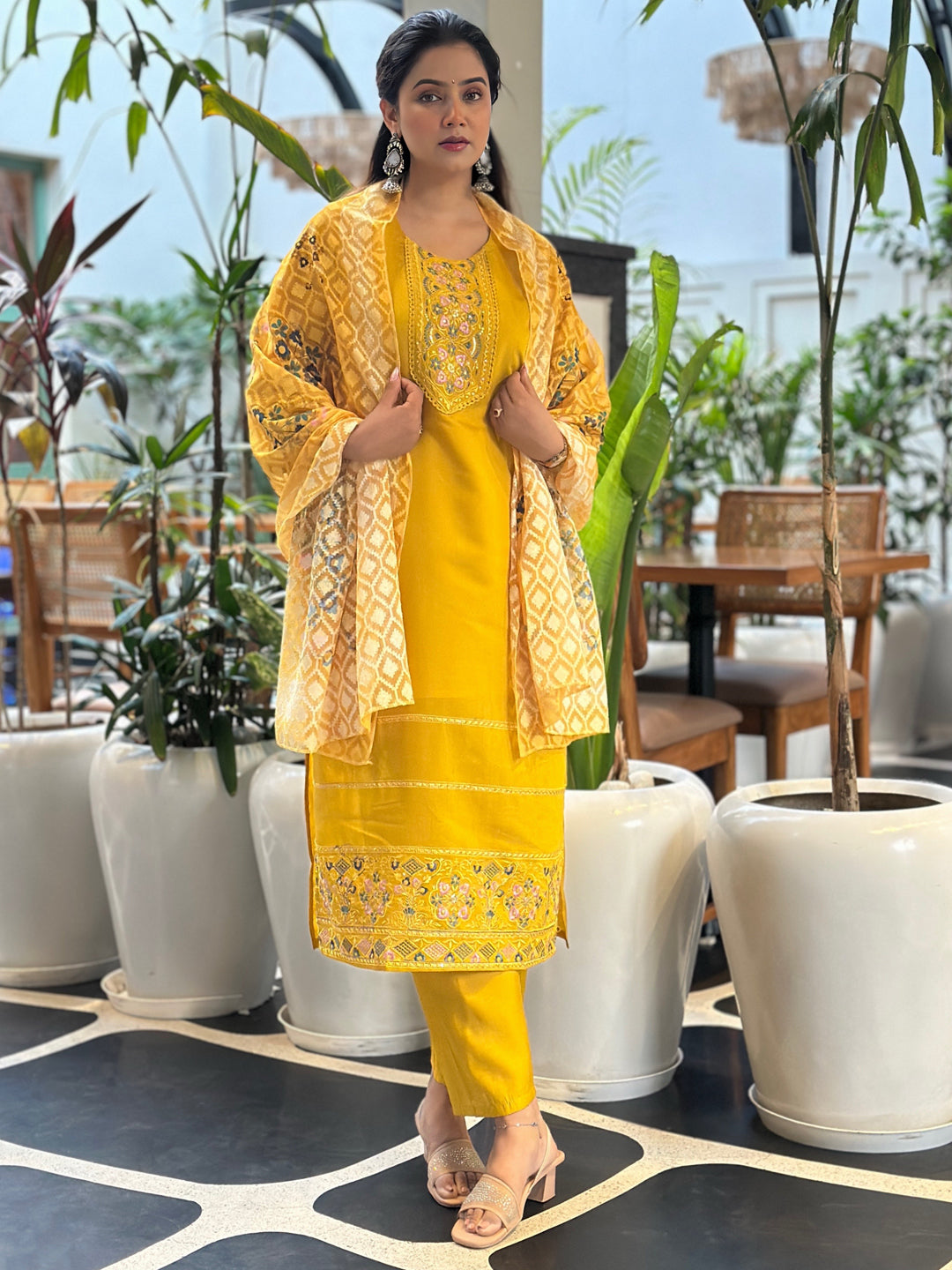 Tivra Yellow Women Kurta and Pant Dupatta Sets Silk Fabrics with Embroidery