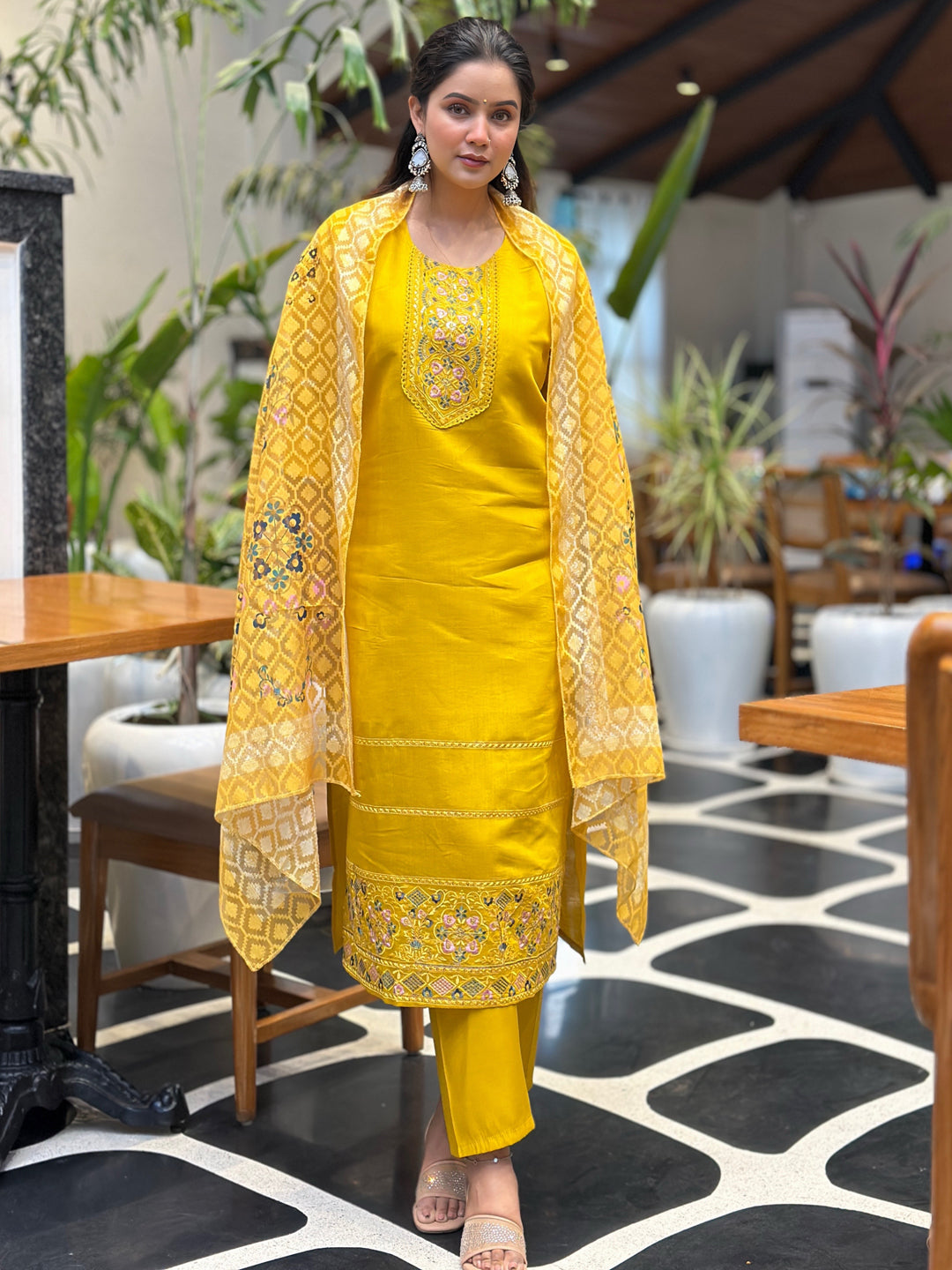 Tivra Yellow Women Kurta and Pant Dupatta Sets Silk Fabrics with Embroidery