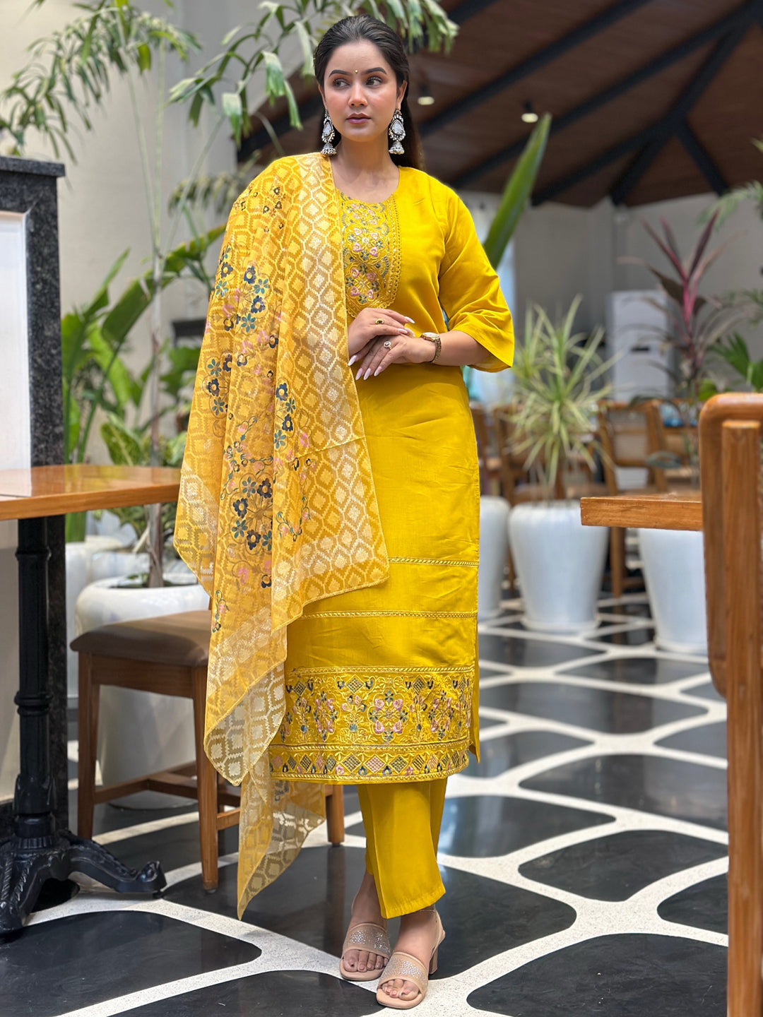 Tivra Yellow Women Kurta and Pant Dupatta Sets Silk Fabrics with Embroidery