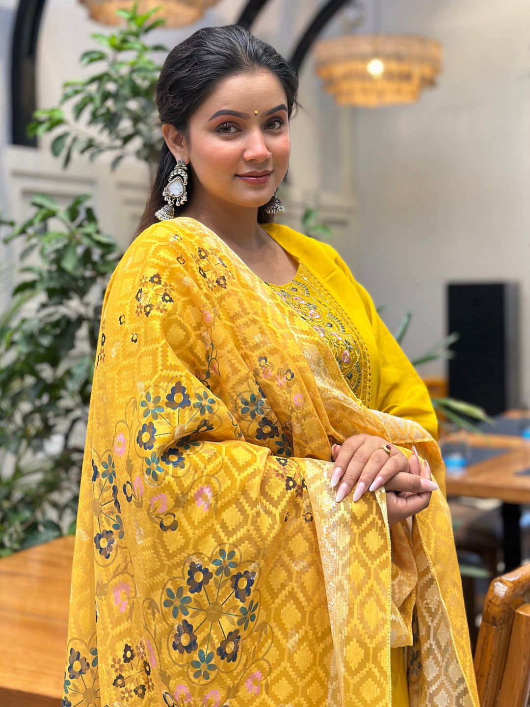 Tivra Yellow Women Kurta and Pant Dupatta Sets Silk Fabrics with Embroidery