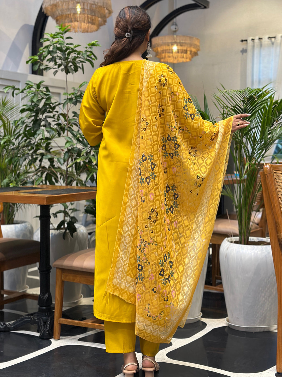 Tivra Yellow Women Kurta and Pant Dupatta Sets Silk Fabrics with Embroidery