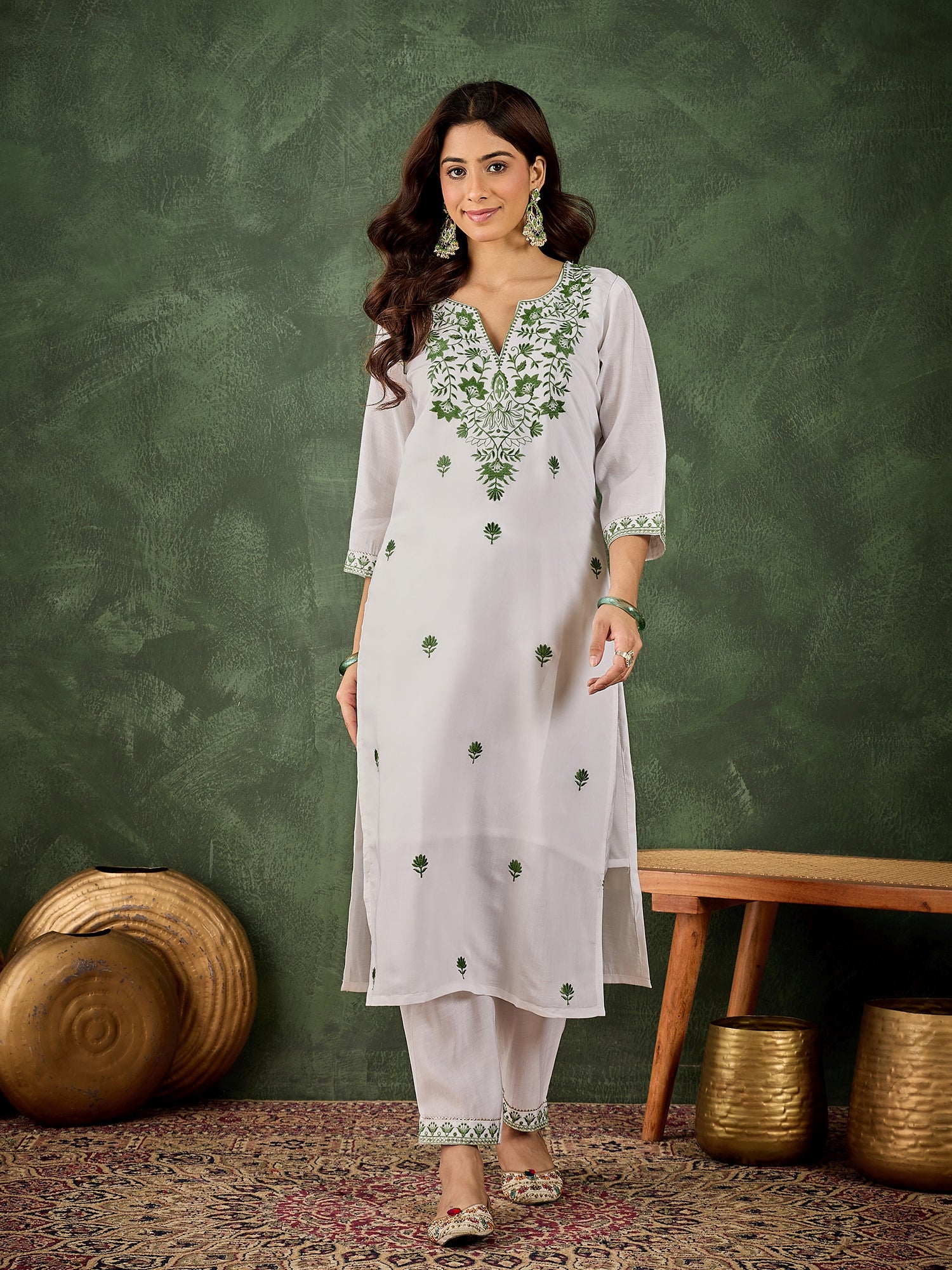Rutu Women's Silk Blend Embroidered Straight Kurta & Pant Set