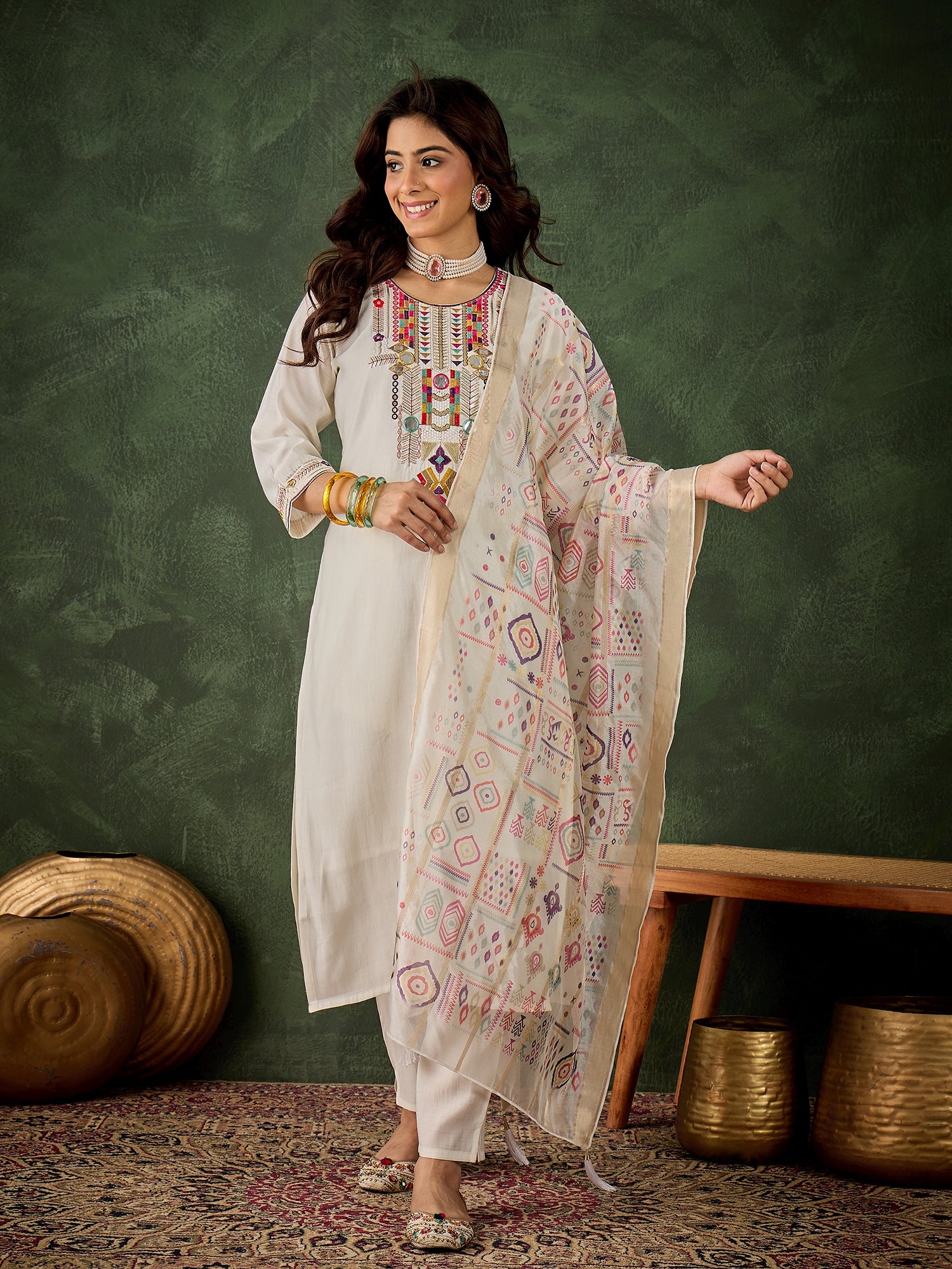 Vasant Women's Embroidered White Silk Blend Straight Suit Set with Dupatta