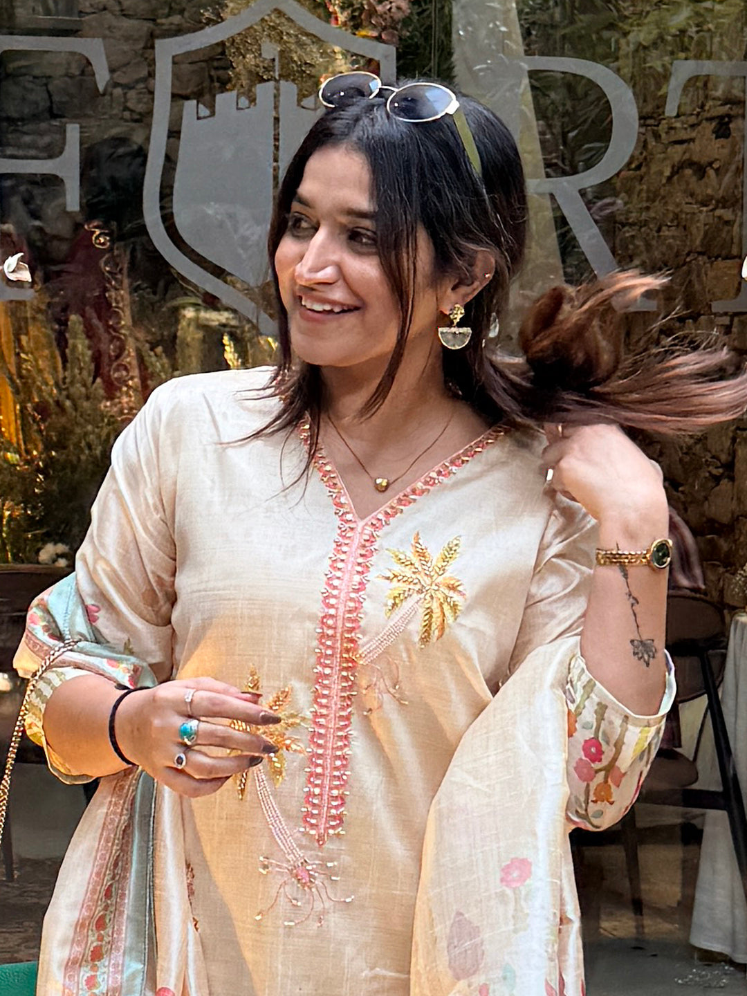 Mehvira Cream Floral Print  Silk Women Kurta Sets With Printed Dupatta Suits