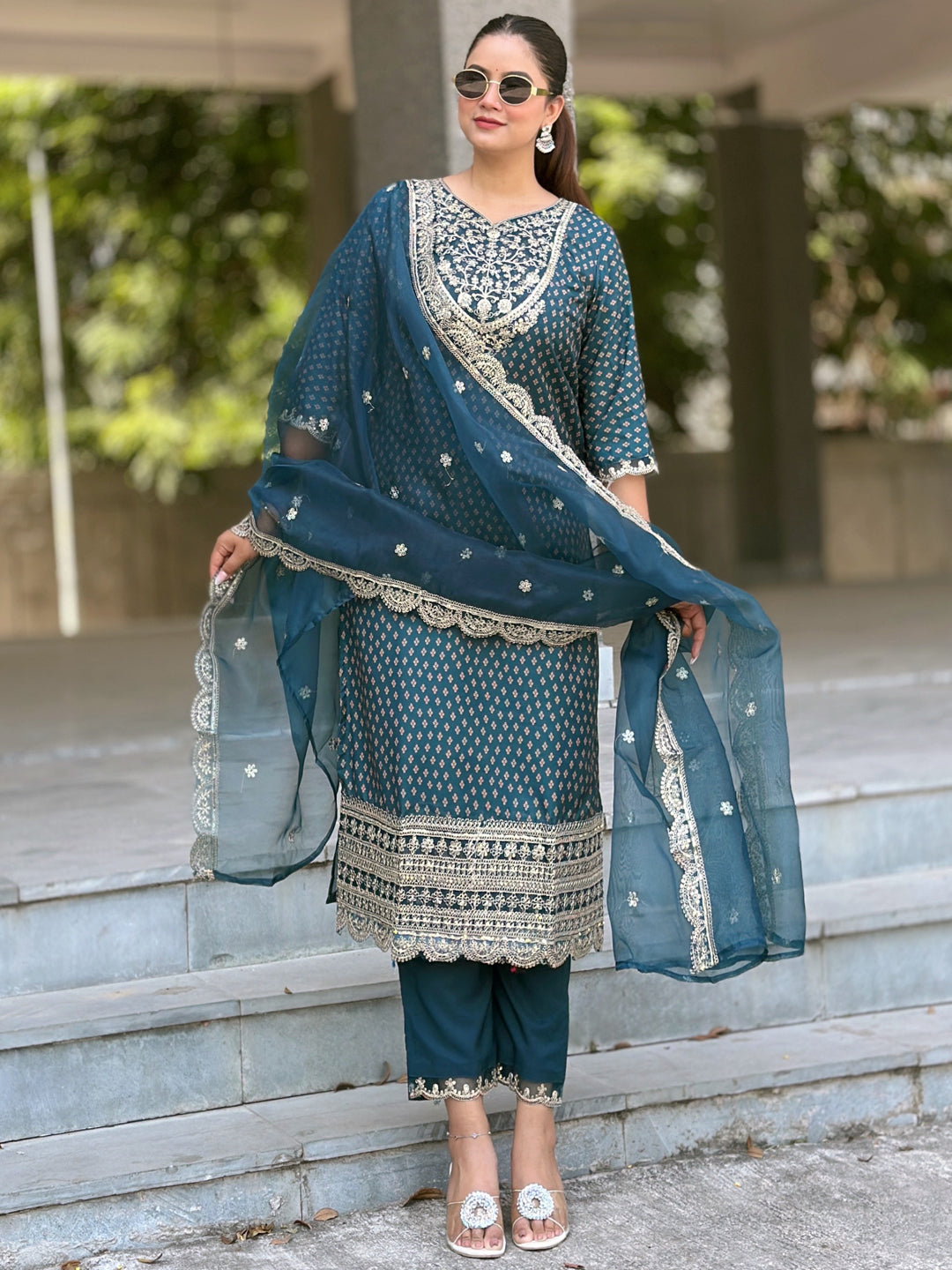 Anupriya Teal Blue Silk Blend Straight Suit Set With Dupatta