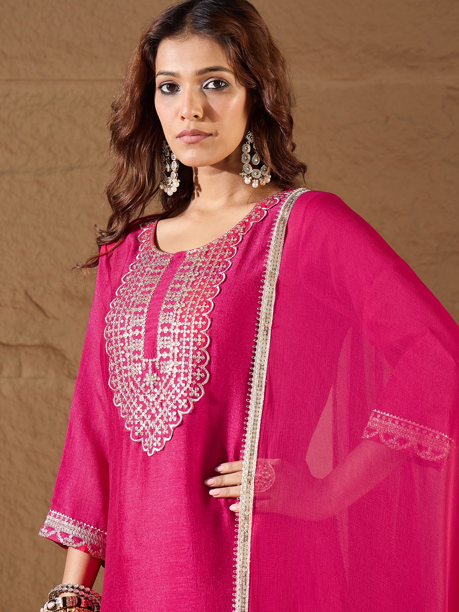 VredeVogel Pink Silk Blend Yoke Design Kurta and Trousers Pant Set