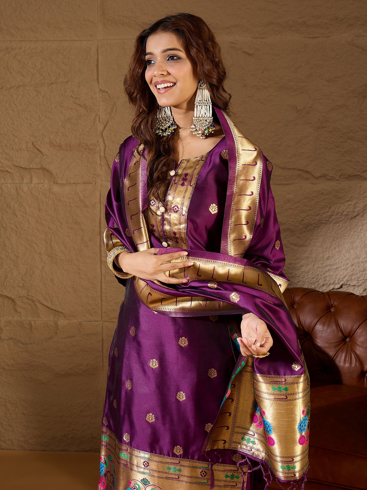 Misty Orchid Purple Meenakari Silk Jacquard Kurta Set Suits