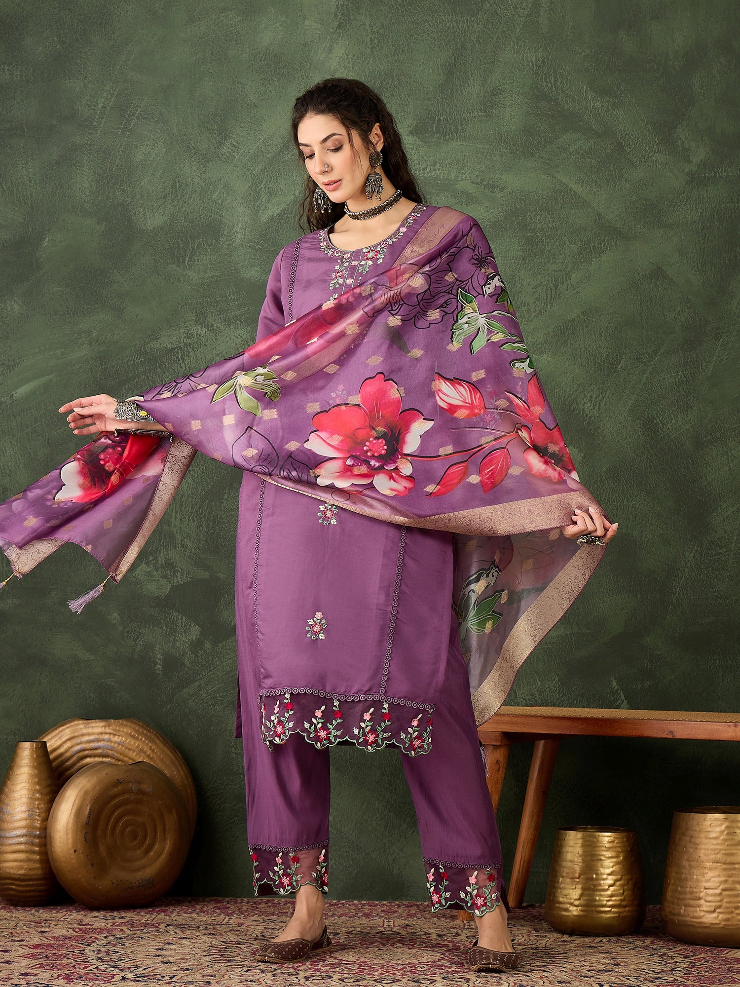 Roop Lavender Solid Silk Blend Straight Suit With Dupatta