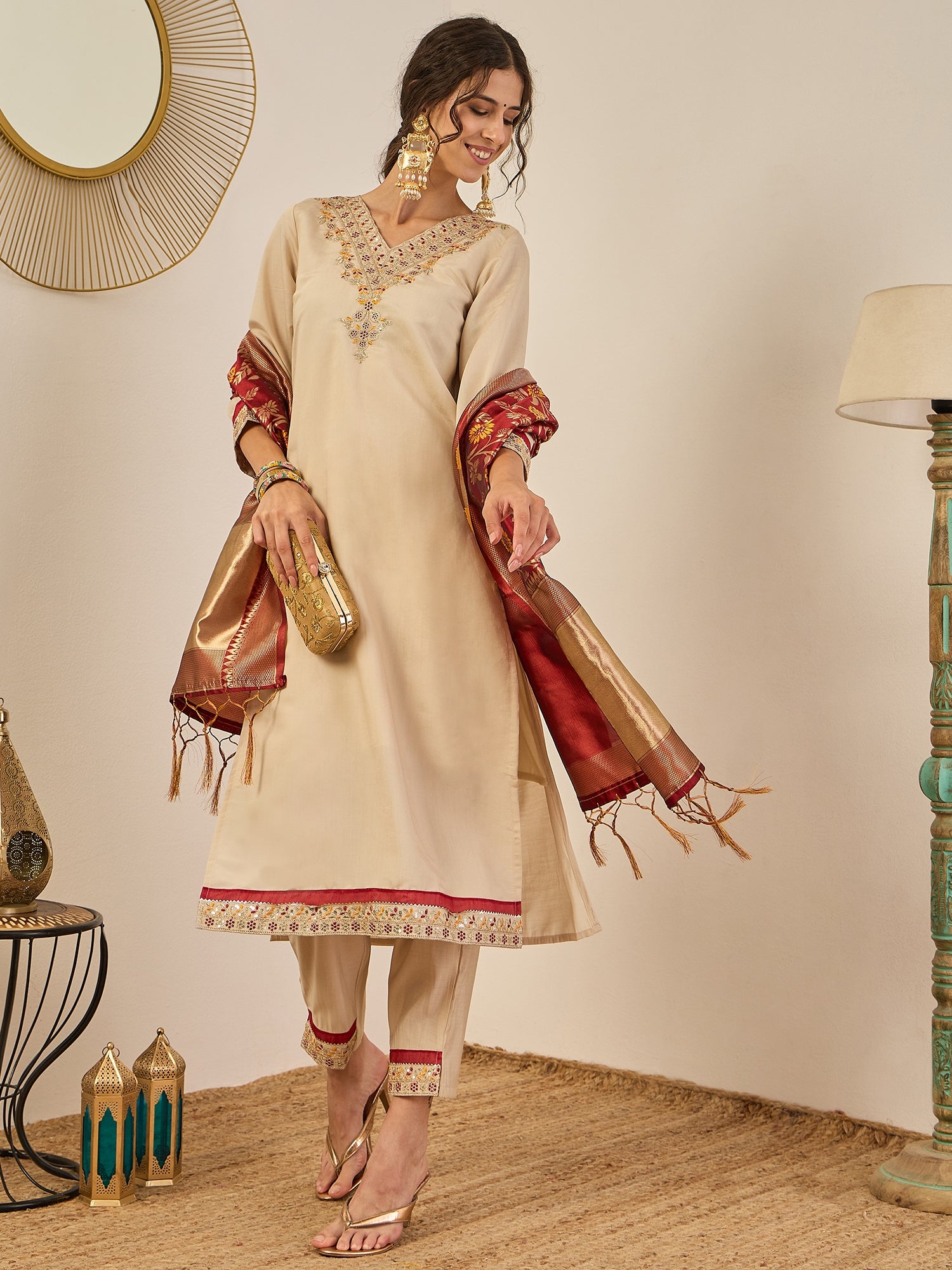 Varnika Women’s Silk Blend Kurta Pant Set with Banarasi Dupatta Embroidered Ethnic Wear for Elegant Look