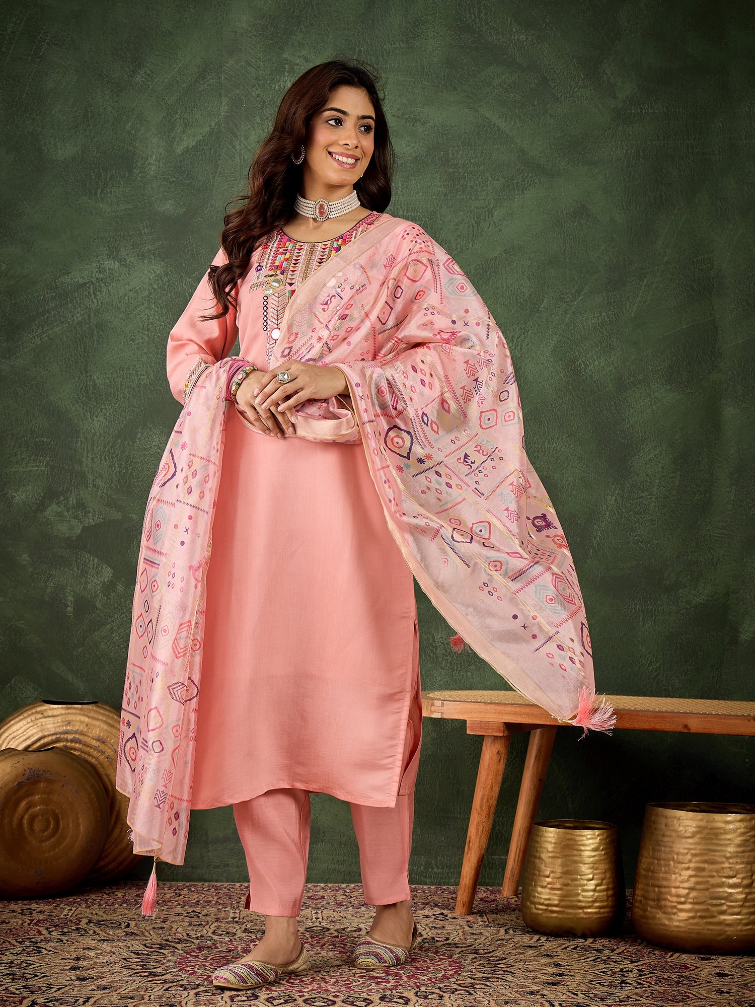 Vasant Women's Embroidered Pink Silk Blend Straight Suit Set with Dupatta