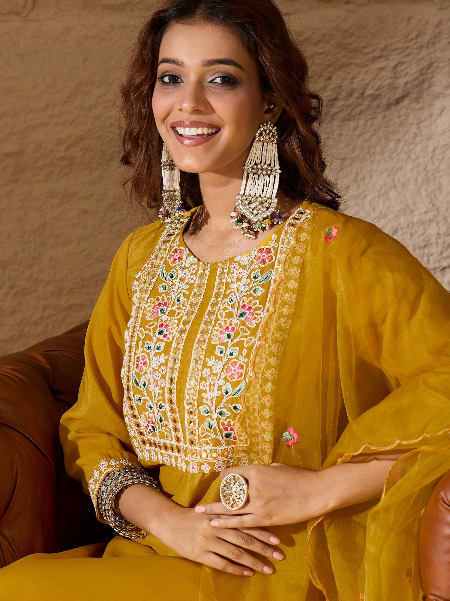 Yellow Silk Blend Dori Embroidered Kurta Set