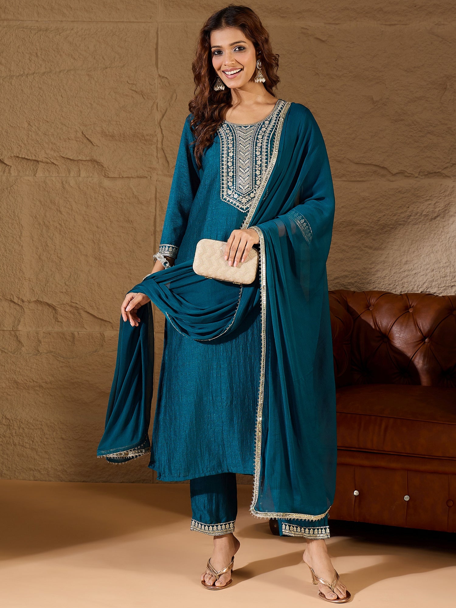 VredeVogel Silk Blend Yoke Design Kurta and Trousers Pant Set