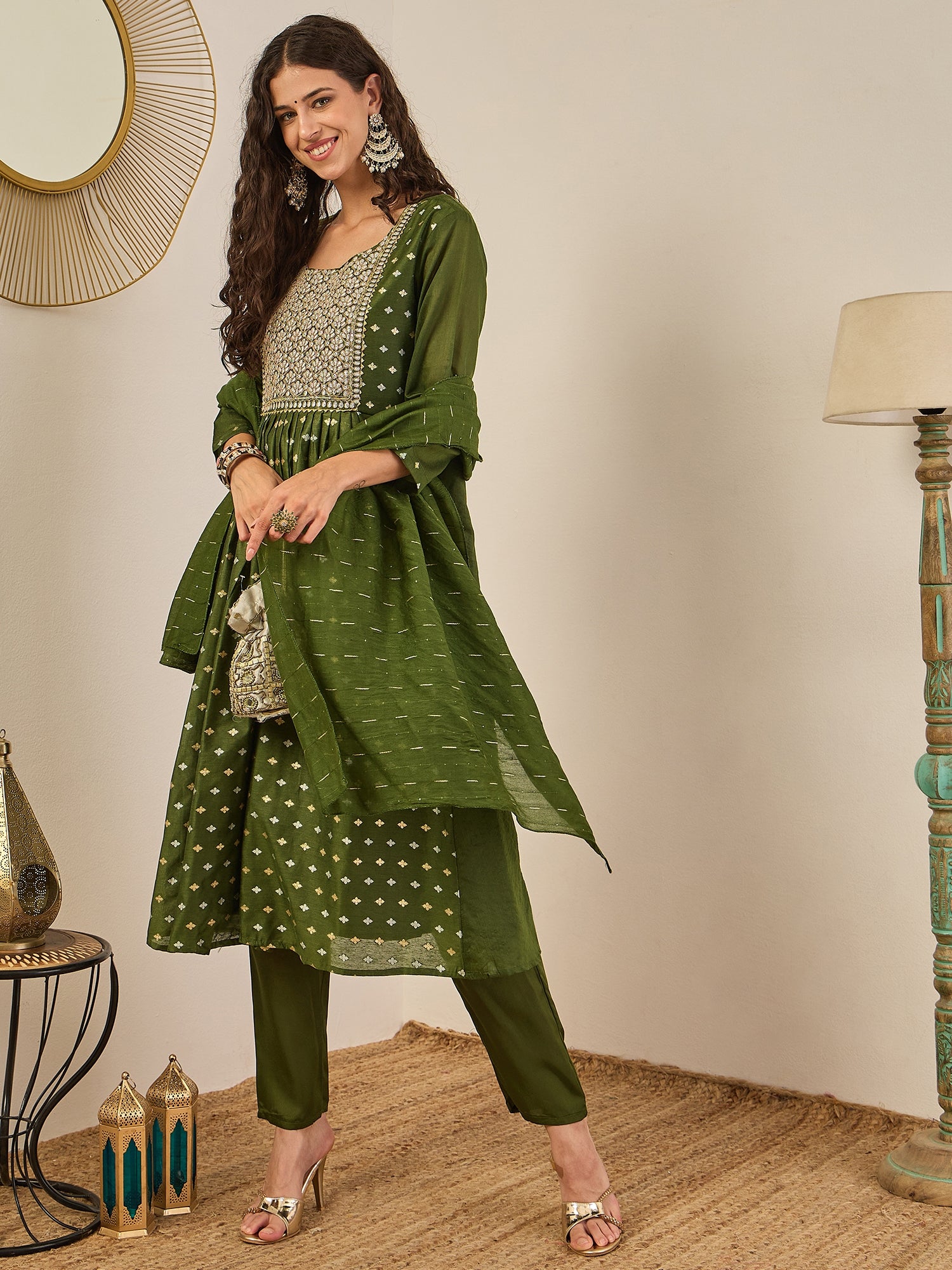 Phool Embroidered Chanderi Mehndi Suit Set with Dupatta Ethnic Sets