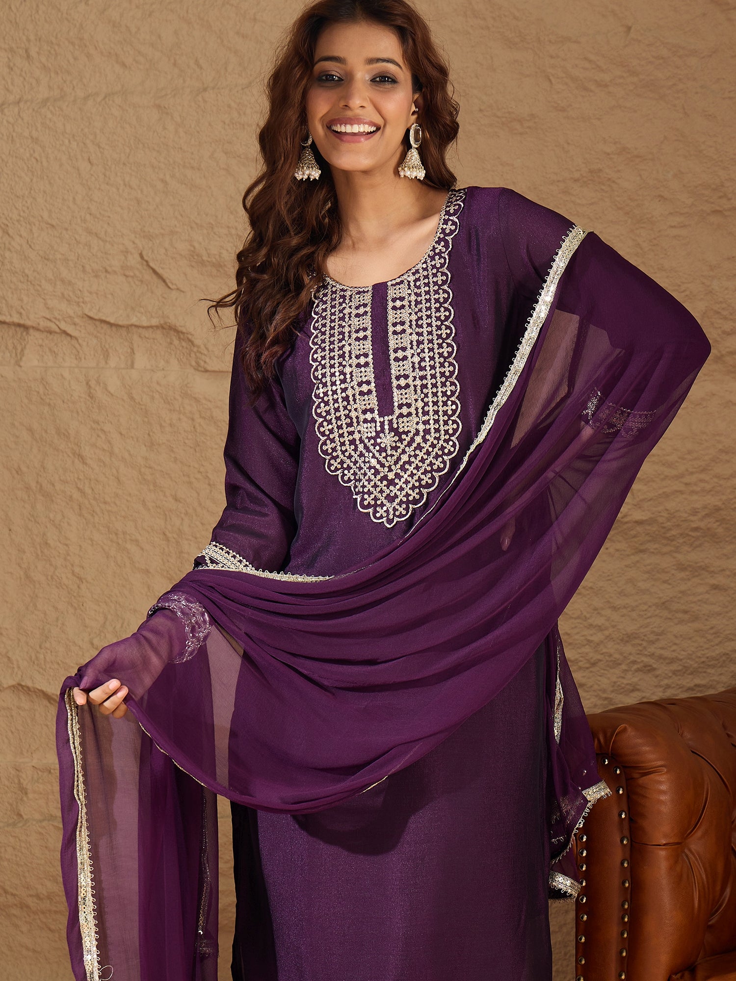 VredeVogel Purple Silk Blend Yoke Design Kurta and Trousers Pant Set